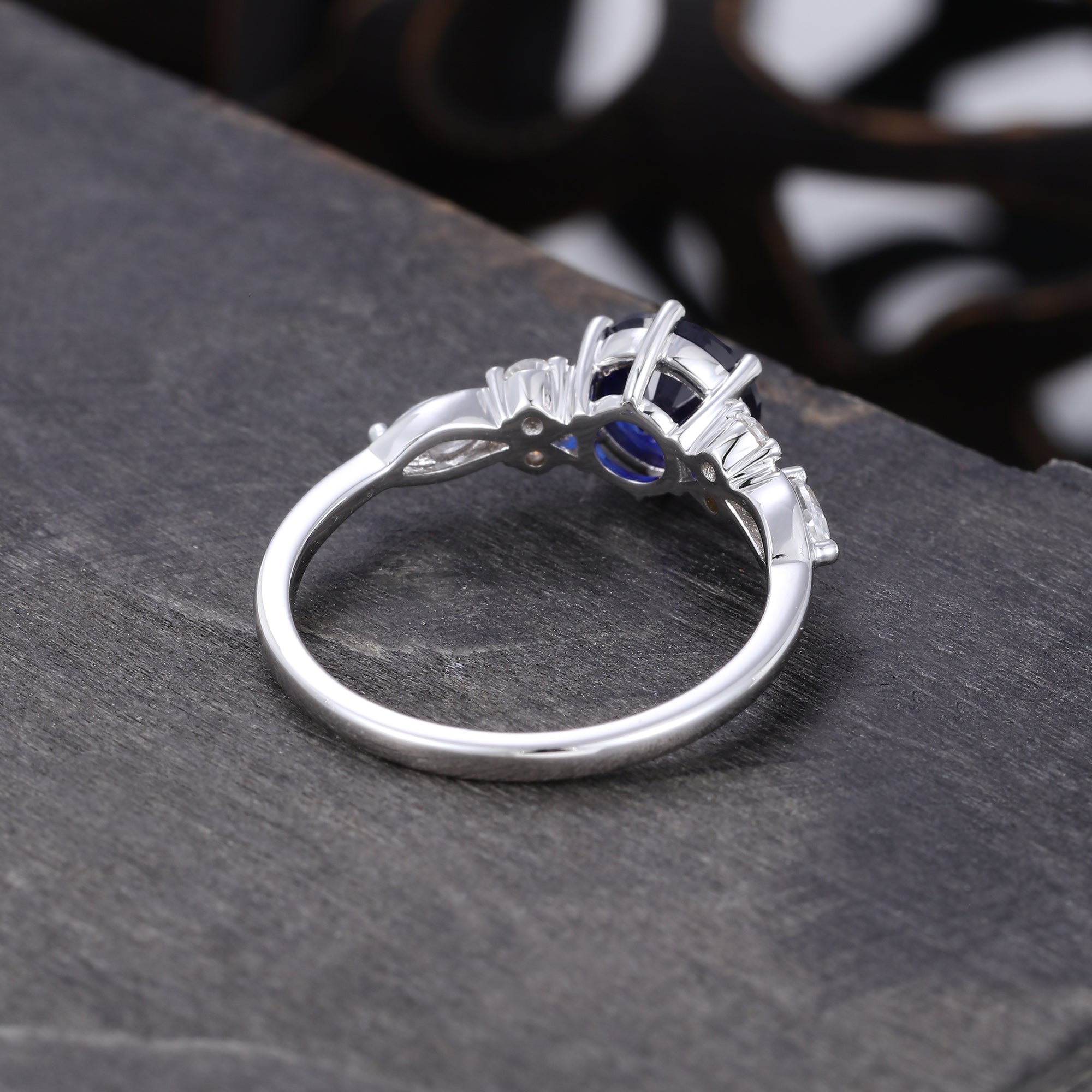 Round Sapphire Art Deco Engagement Ring Accented with Moissanite