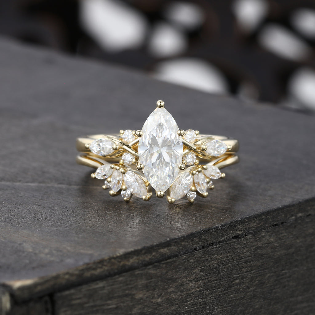 Unique Marquise Cut Moissanite Bridal Ring Set With Petal Band