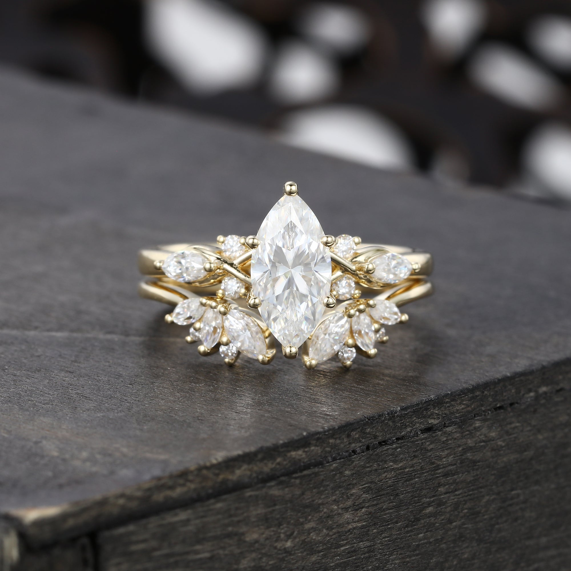 Unique Marquise Cut Moissanite Bridal Ring Set With Petal Band