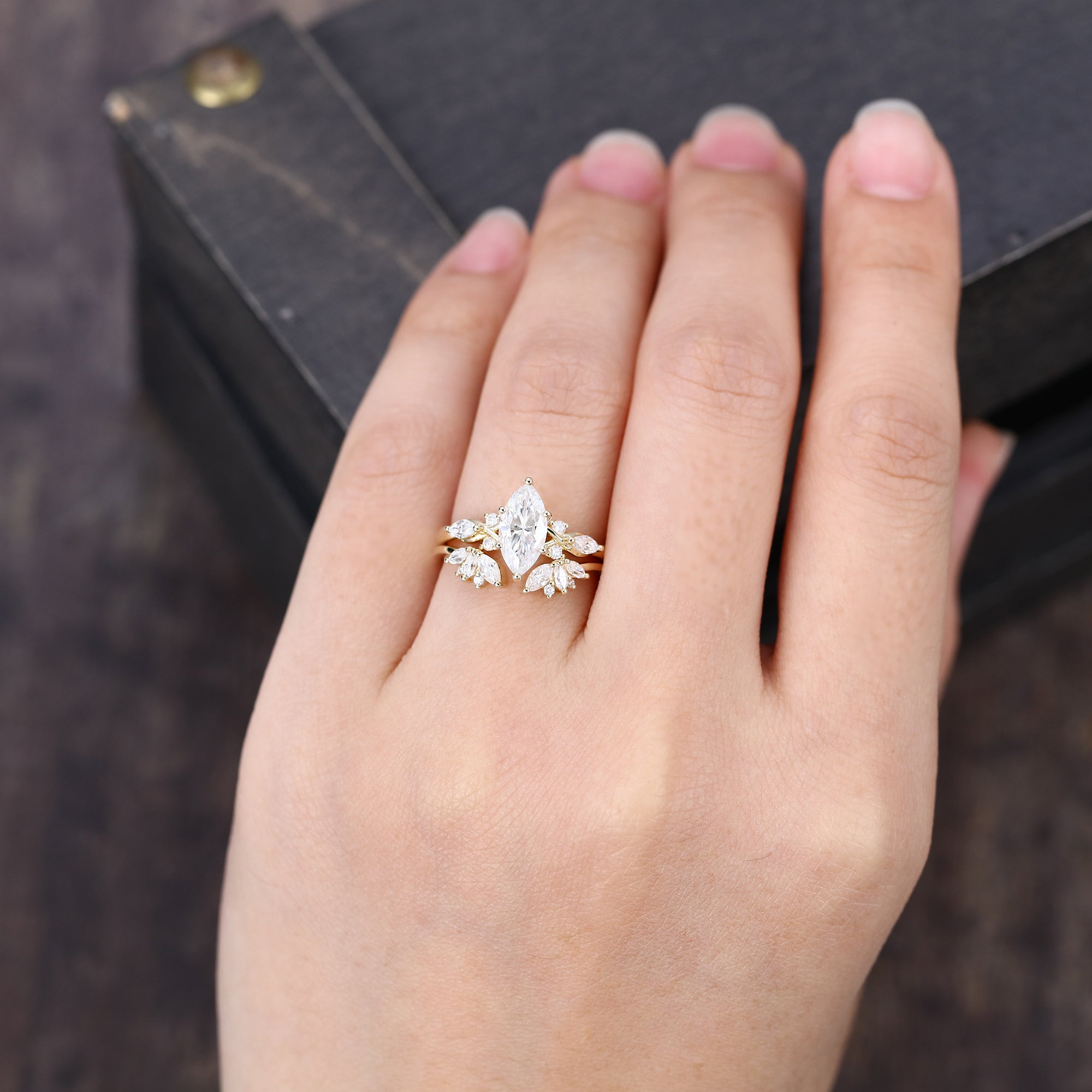 Unique Marquise Cut Moissanite Bridal Ring Set With Petal Band