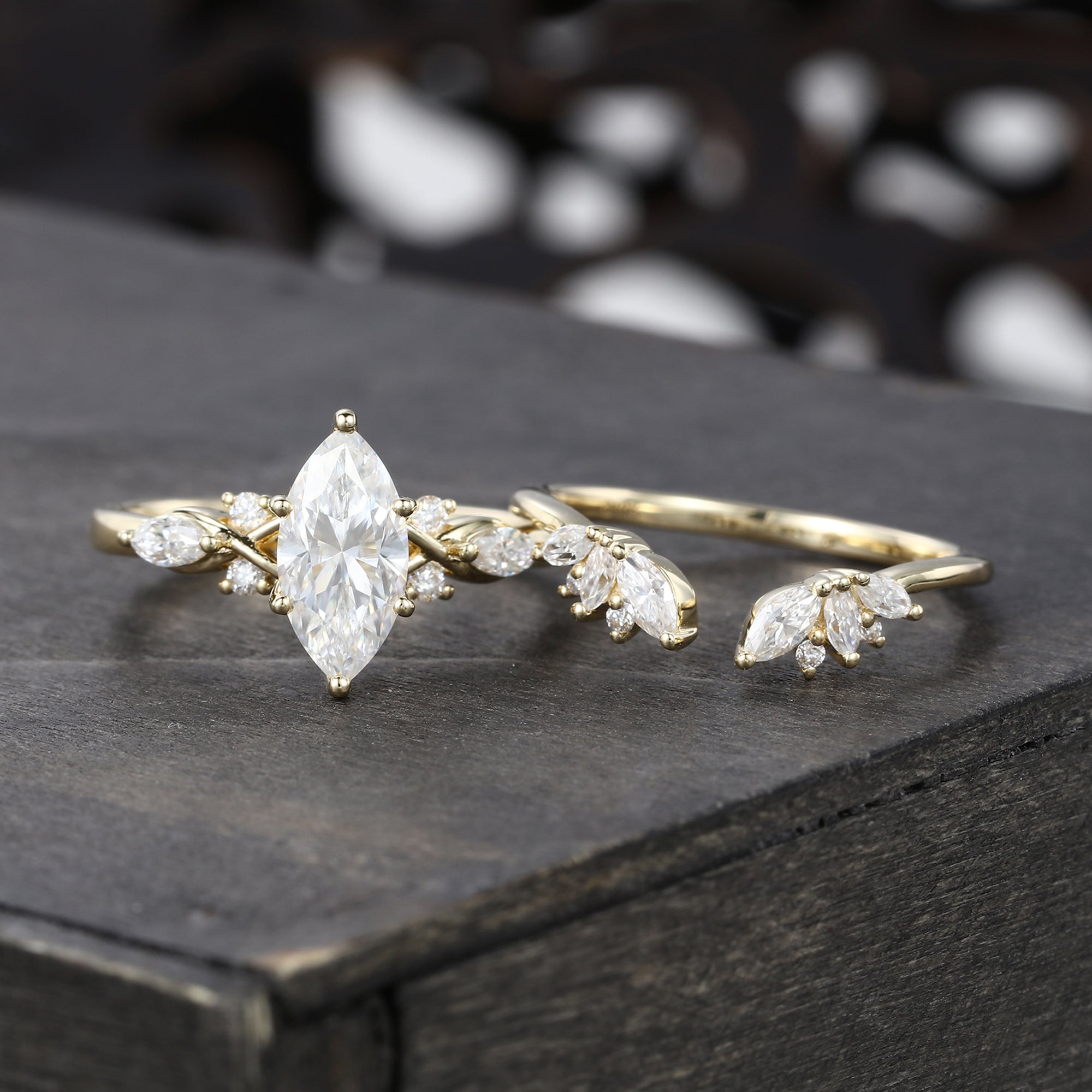 Unique Marquise Cut Moissanite Bridal Ring Set With Petal Band