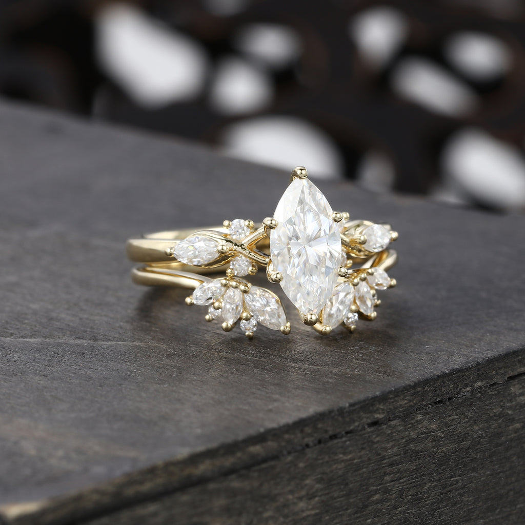 Unique Marquise Cut Moissanite Bridal Ring Set With Petal Band