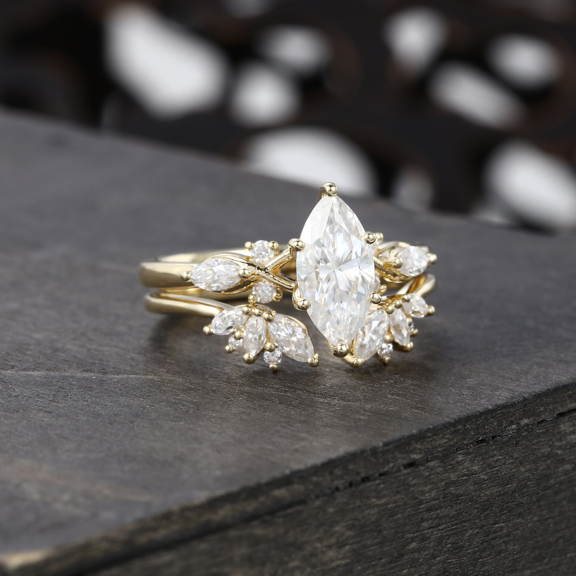 Unique Marquise Cut Moissanite Bridal Ring Set With Petal Band