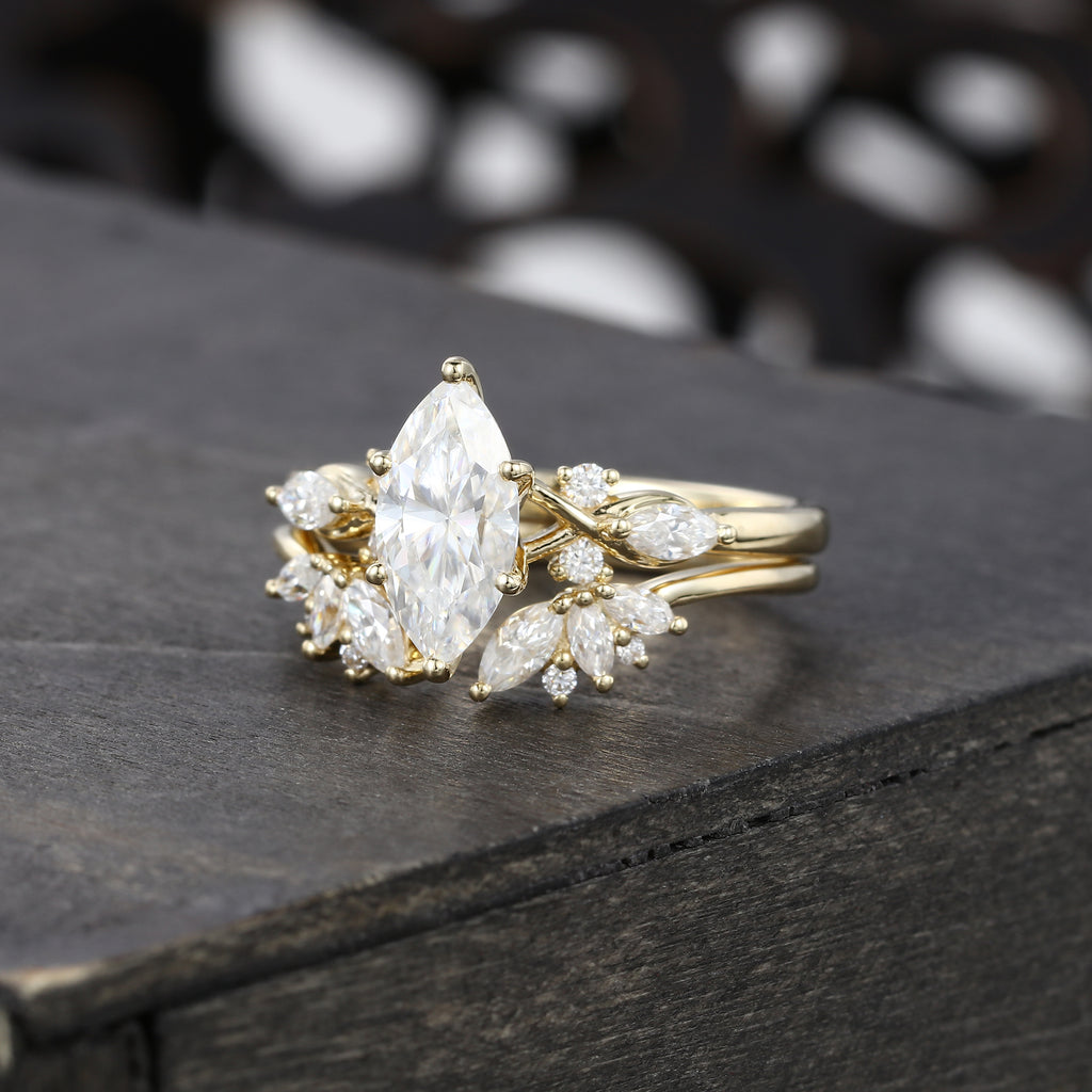 Unique Marquise Cut Moissanite Bridal Ring Set With Petal Band