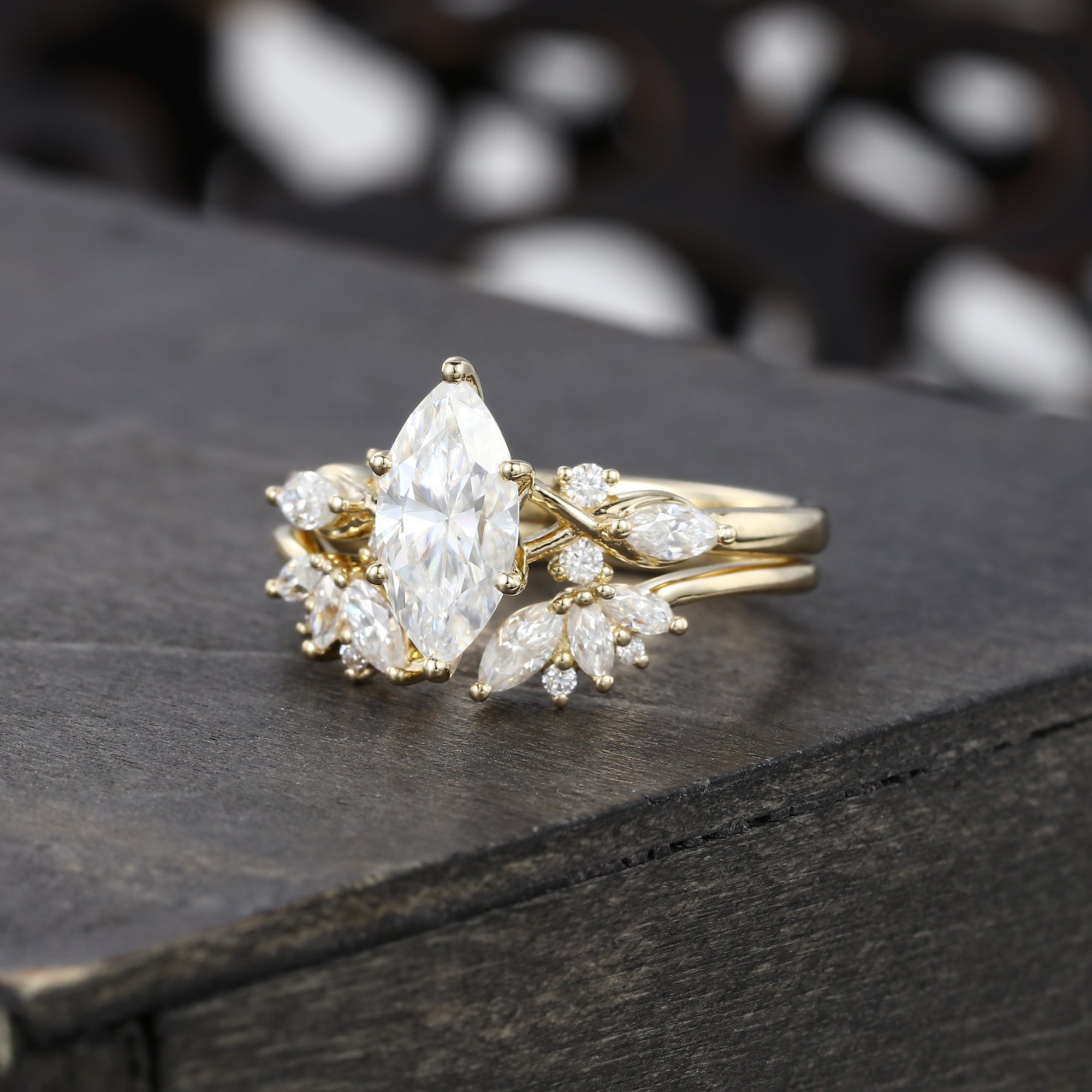 Unique Marquise Cut Moissanite Bridal Ring Set With Petal Band