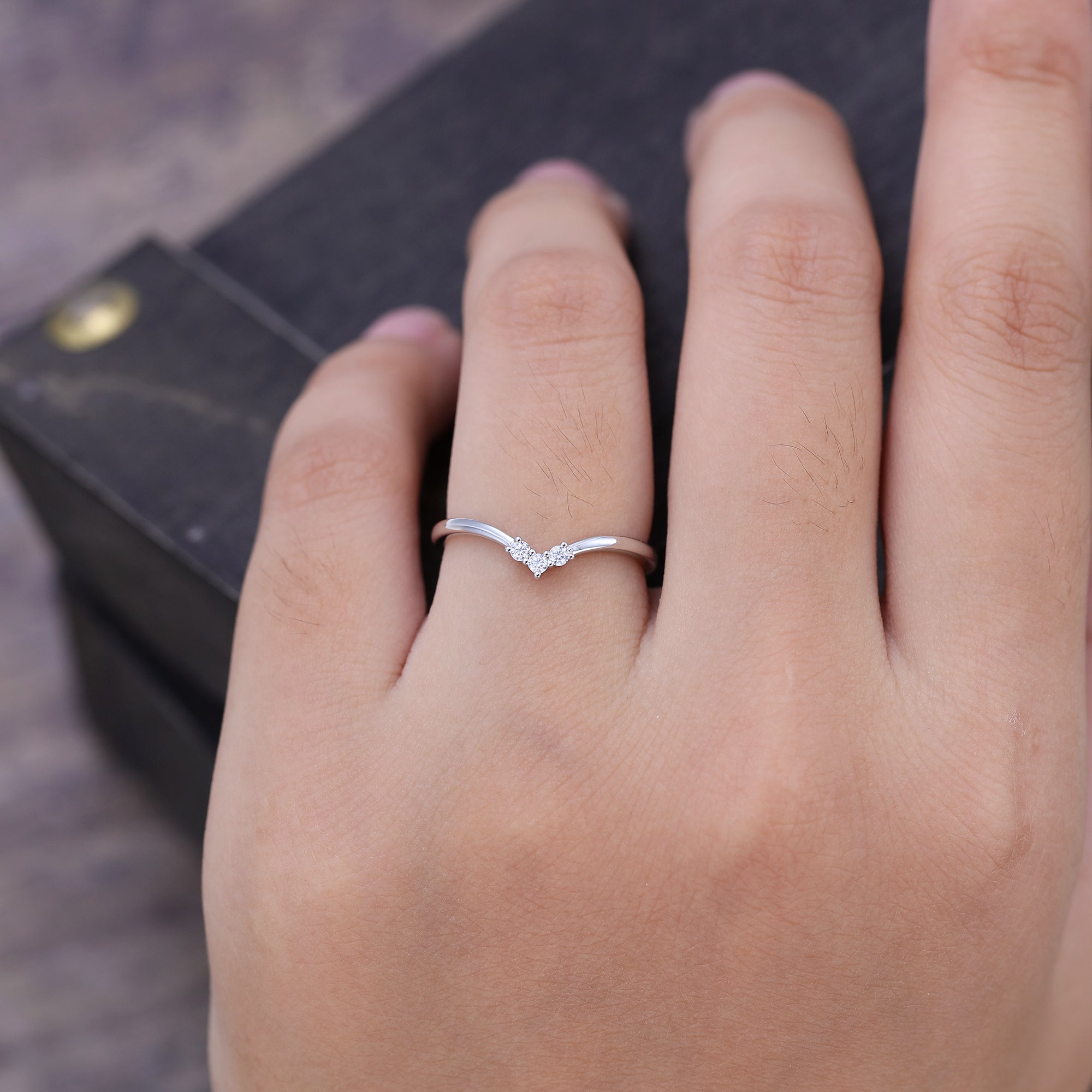 Unique Moissanite Curved Wedding Band Vintage White Gold Ring