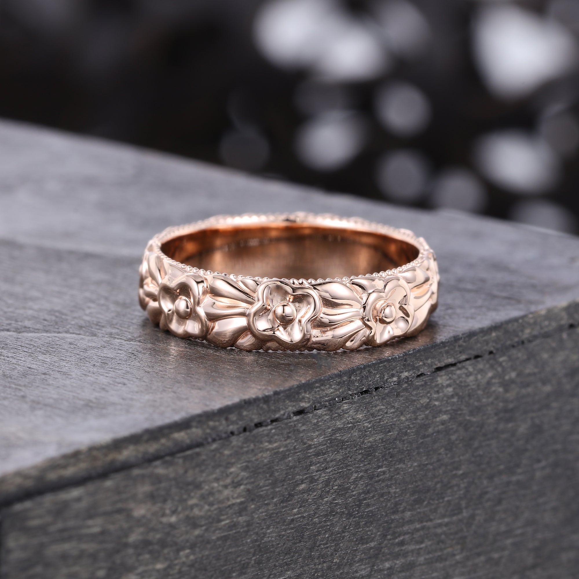 Unique Width 5MM  Rose Gold Wedding Band Delicate Woman Flower Wedding Band
