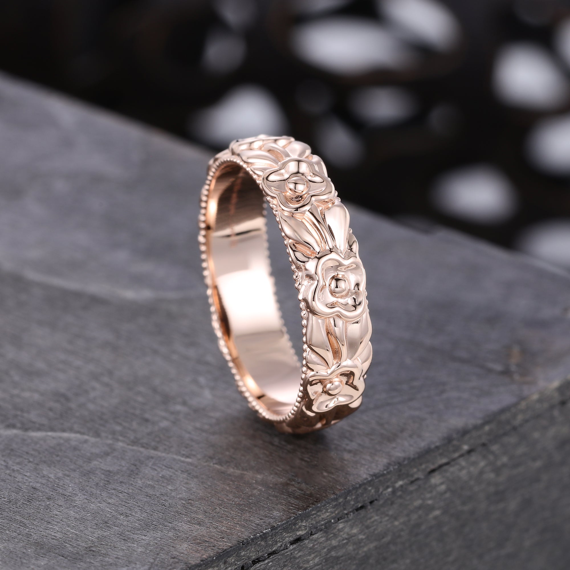 Unique Width 5MM  Rose Gold Wedding Band Delicate Woman Flower Wedding Band