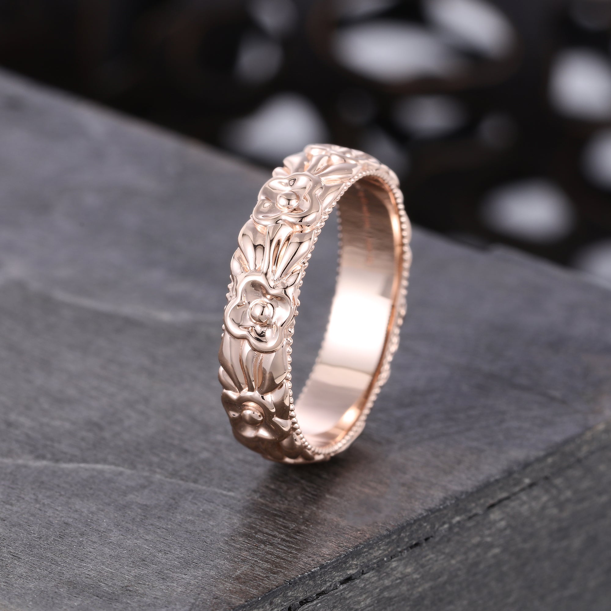 Unique Width 5MM  Rose Gold Wedding Band Delicate Woman Flower Wedding Band