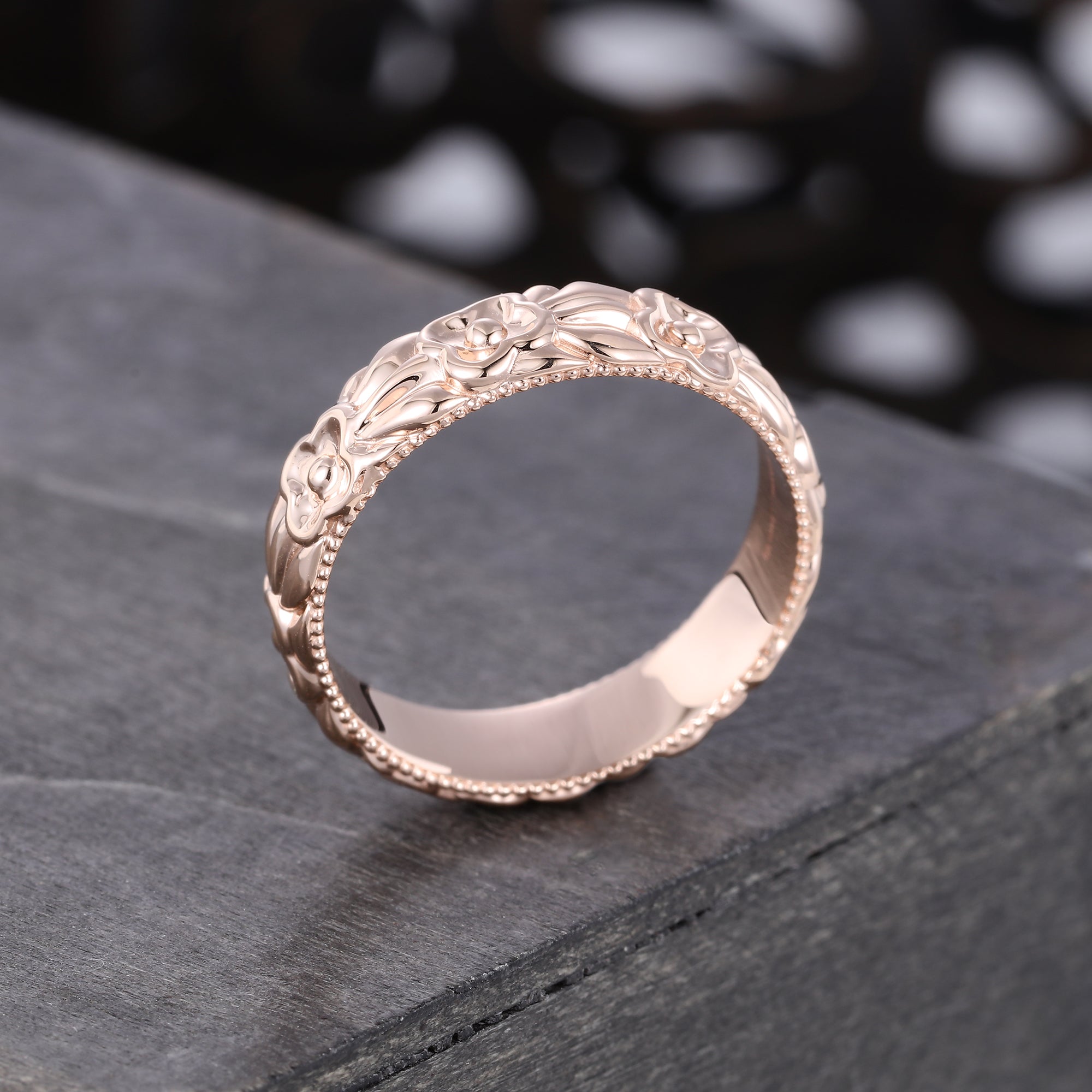 Unique Width 5MM  Rose Gold Wedding Band Delicate Woman Flower Wedding Band