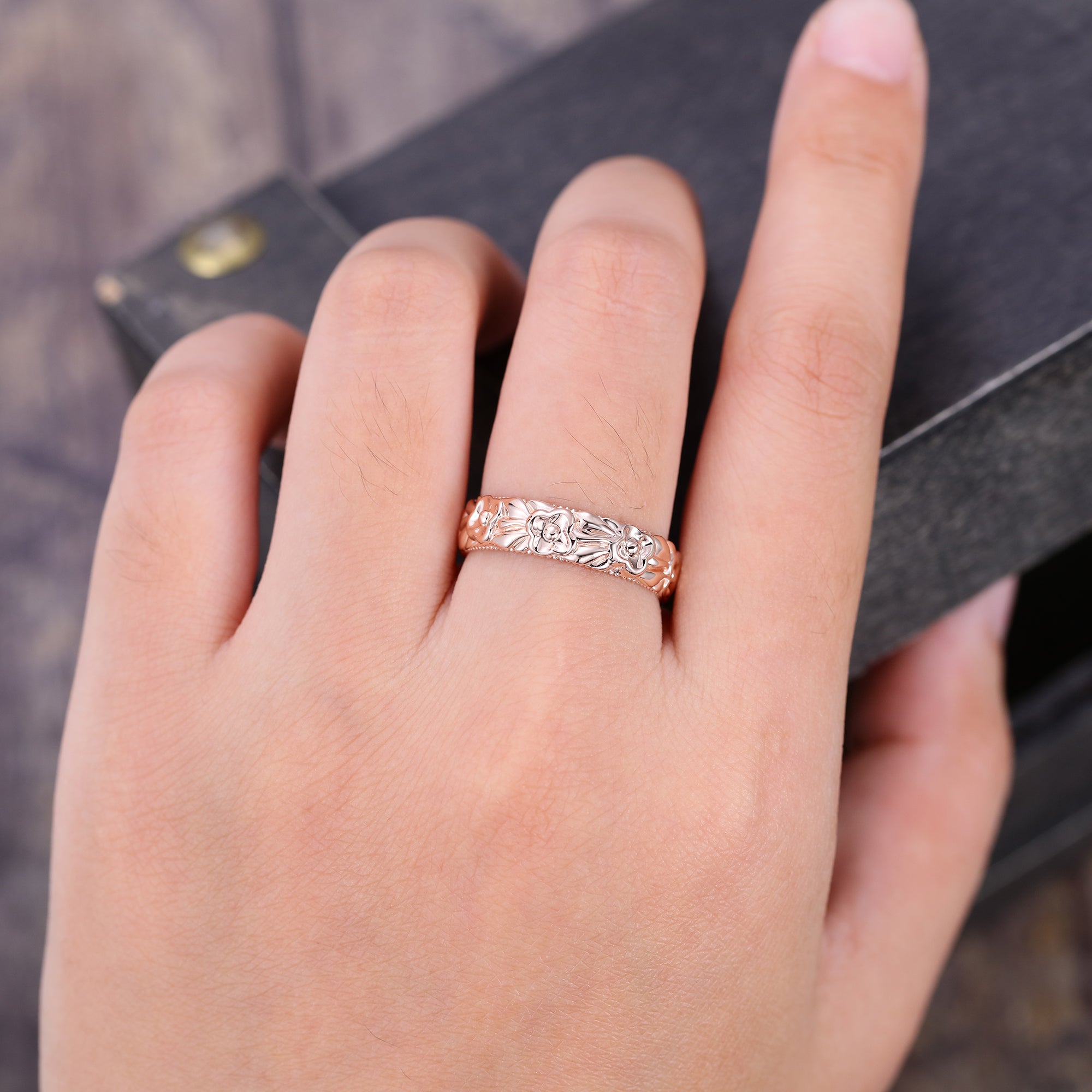 Unique Width 5MM  Rose Gold Wedding Band Delicate Woman Flower Wedding Band