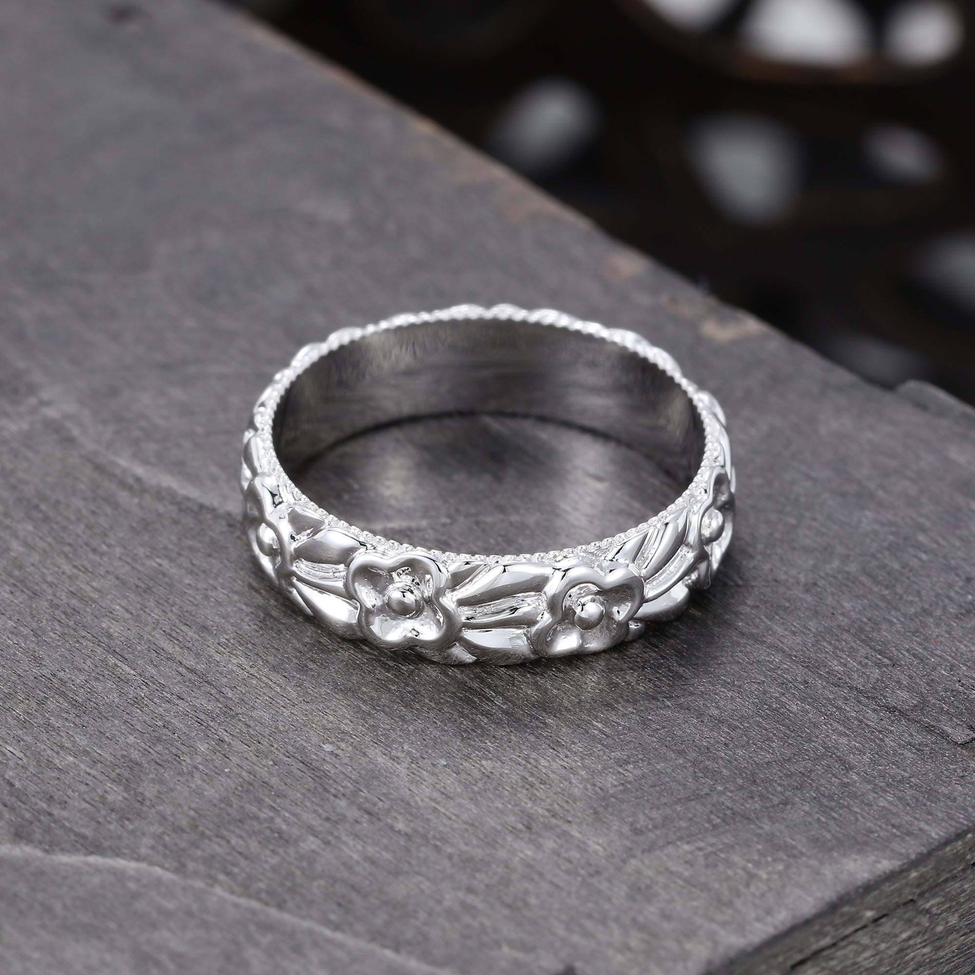 Unique Width 5MM flower Ring Gender Neutral Wedding Ring