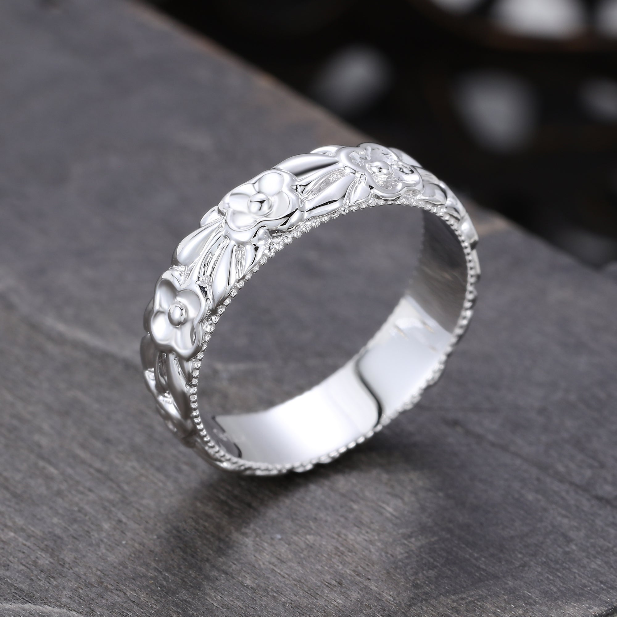 Unique Width 5MM flower Ring Gender Neutral Wedding Ring