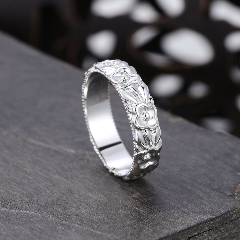 Unique Width 5MM flower Ring Gender Neutral Wedding Ring