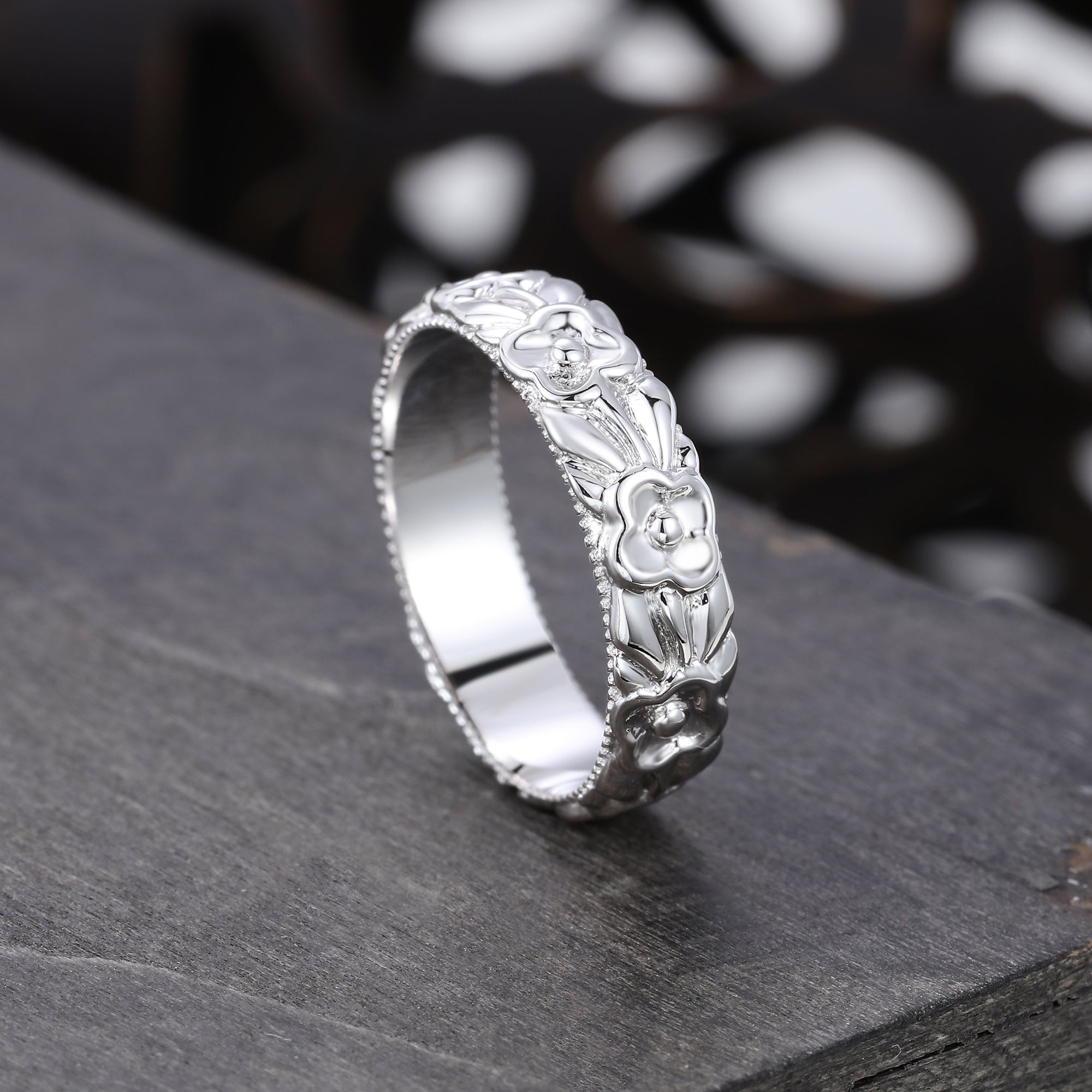 Unique Width 5MM flower Ring Gender Neutral Wedding Ring