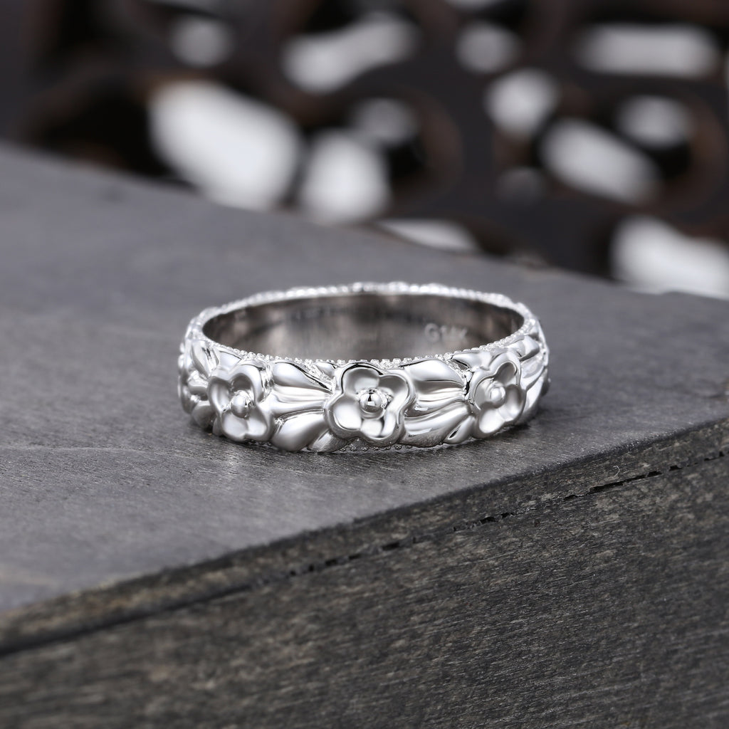 Unique Width 5MM flower Ring Gender Neutral Wedding Ring