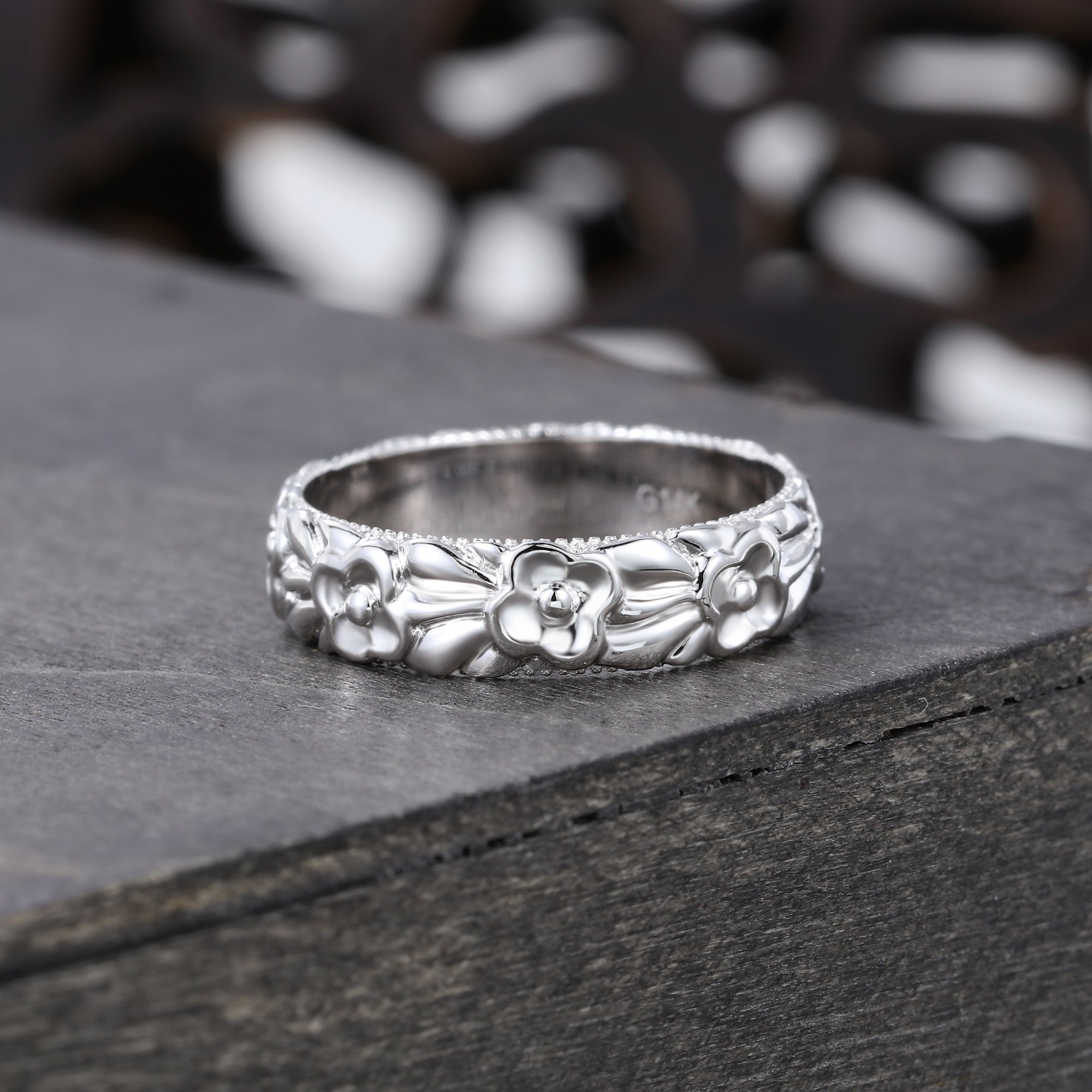 Unique Width 5MM flower Ring Gender Neutral Wedding Ring