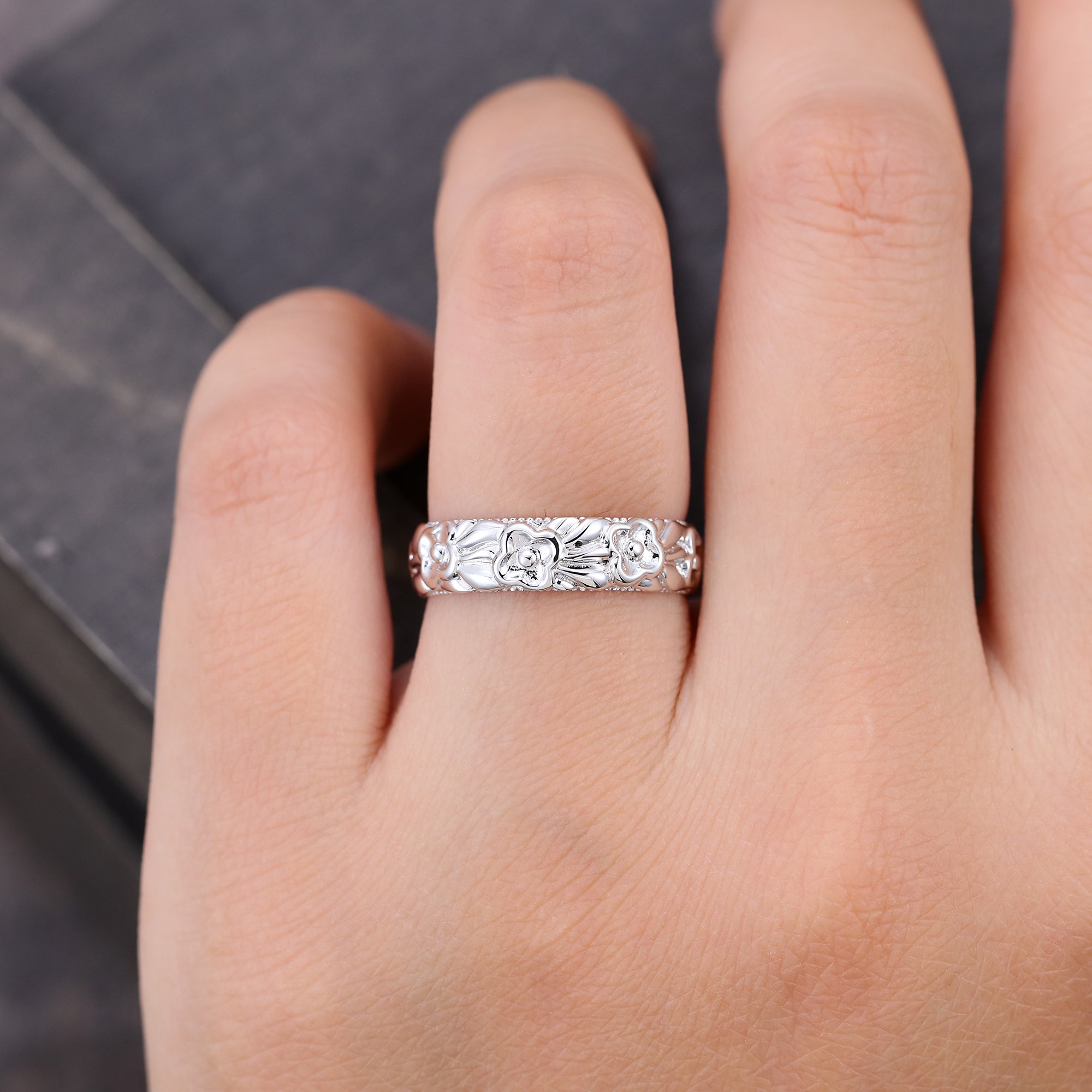 Unique Width 5MM flower Ring Gender Neutral Wedding Ring