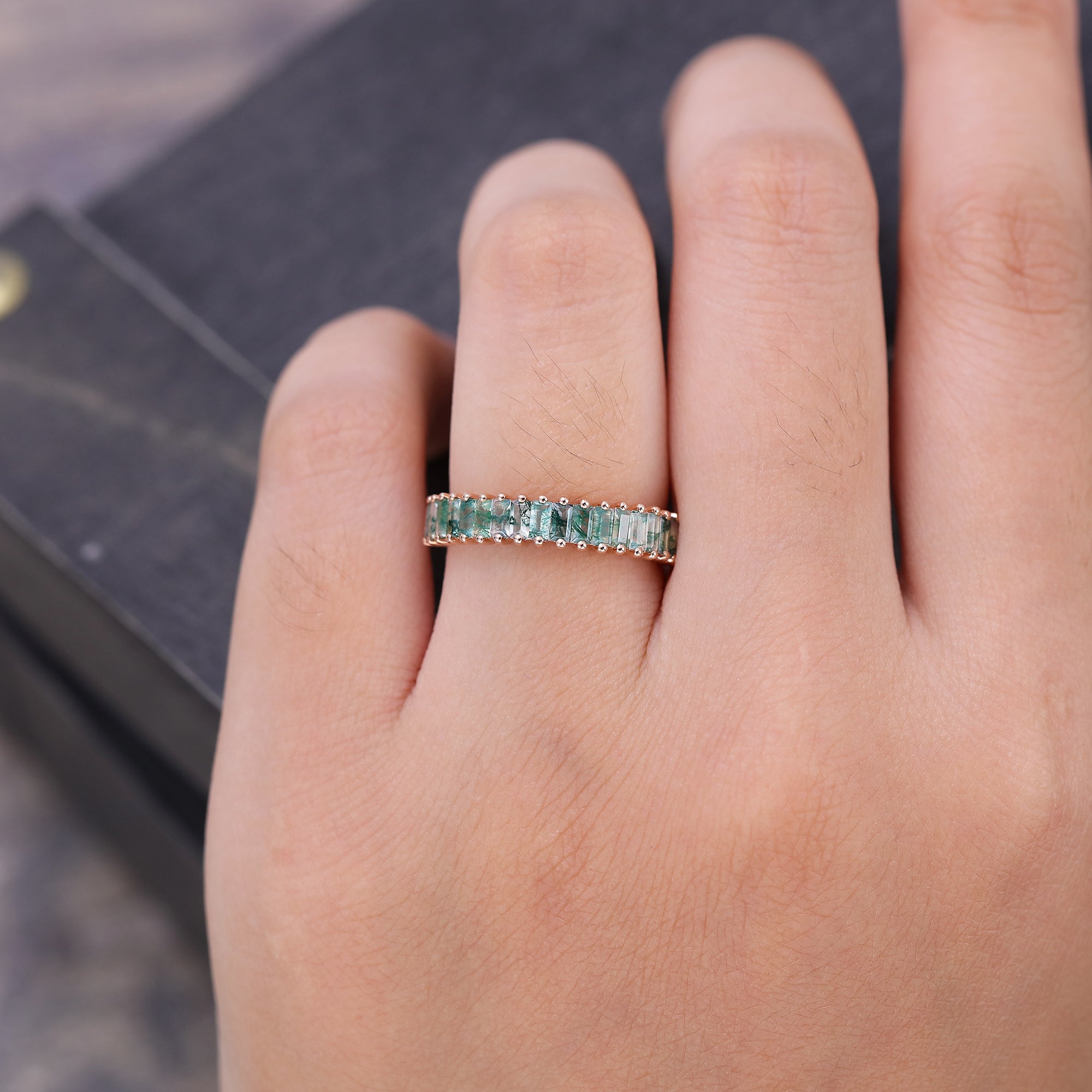 Vintage Baguette cut Moss Agate Wedding band