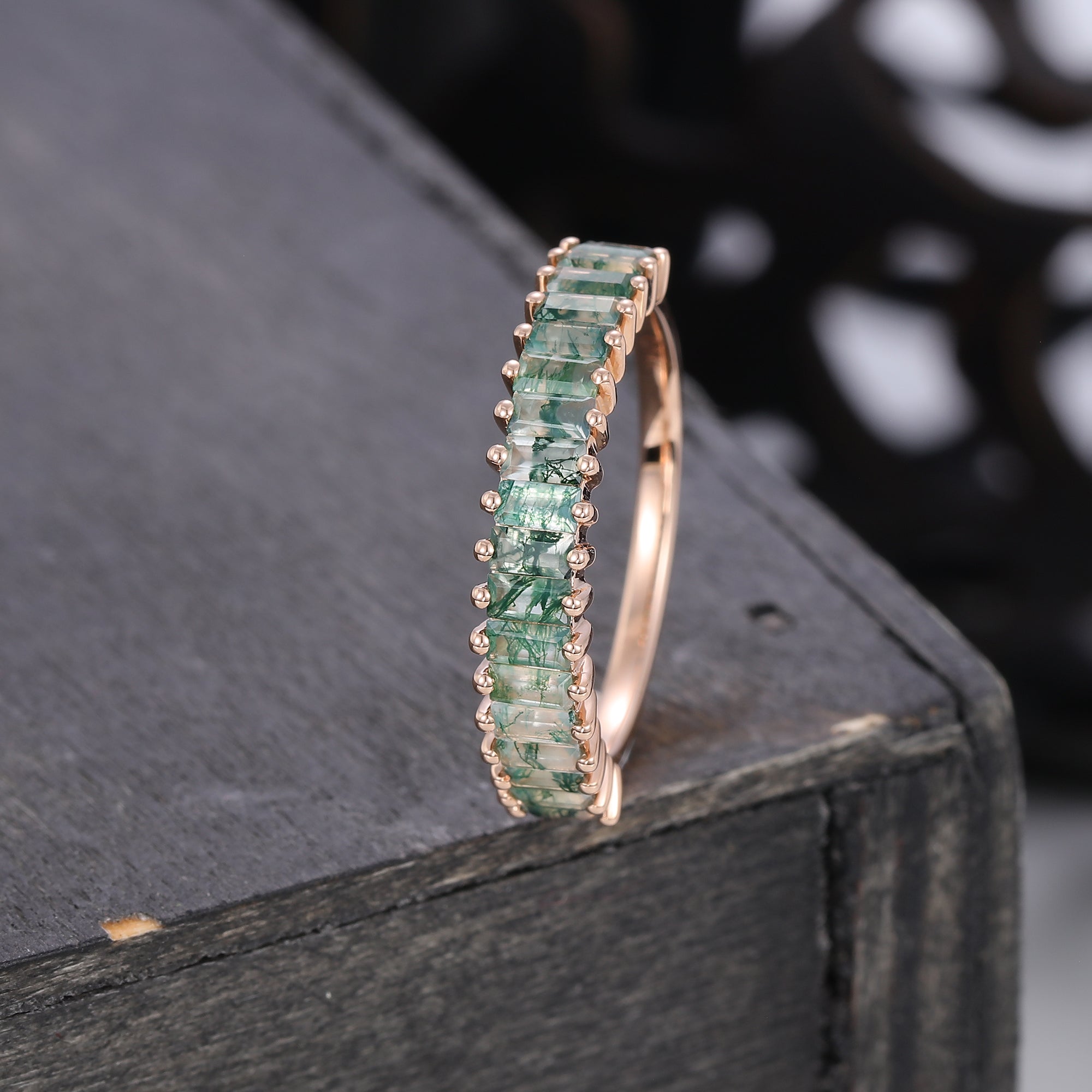 Vintage Baguette cut Moss Agate Wedding band