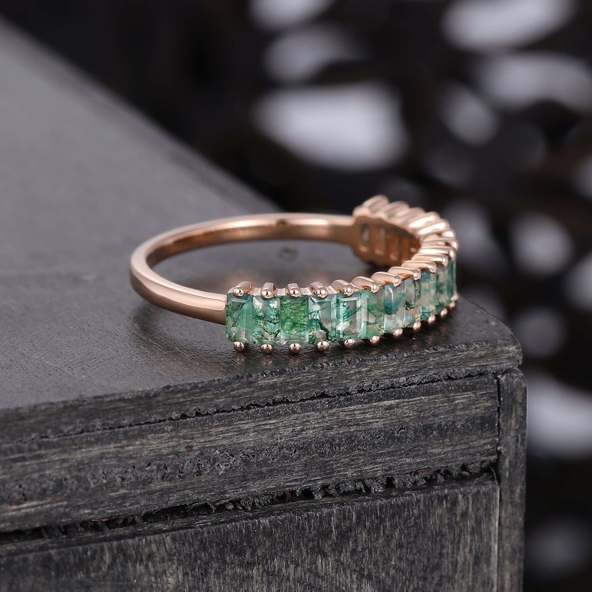 Vintage Baguette cut Moss Agate Wedding band