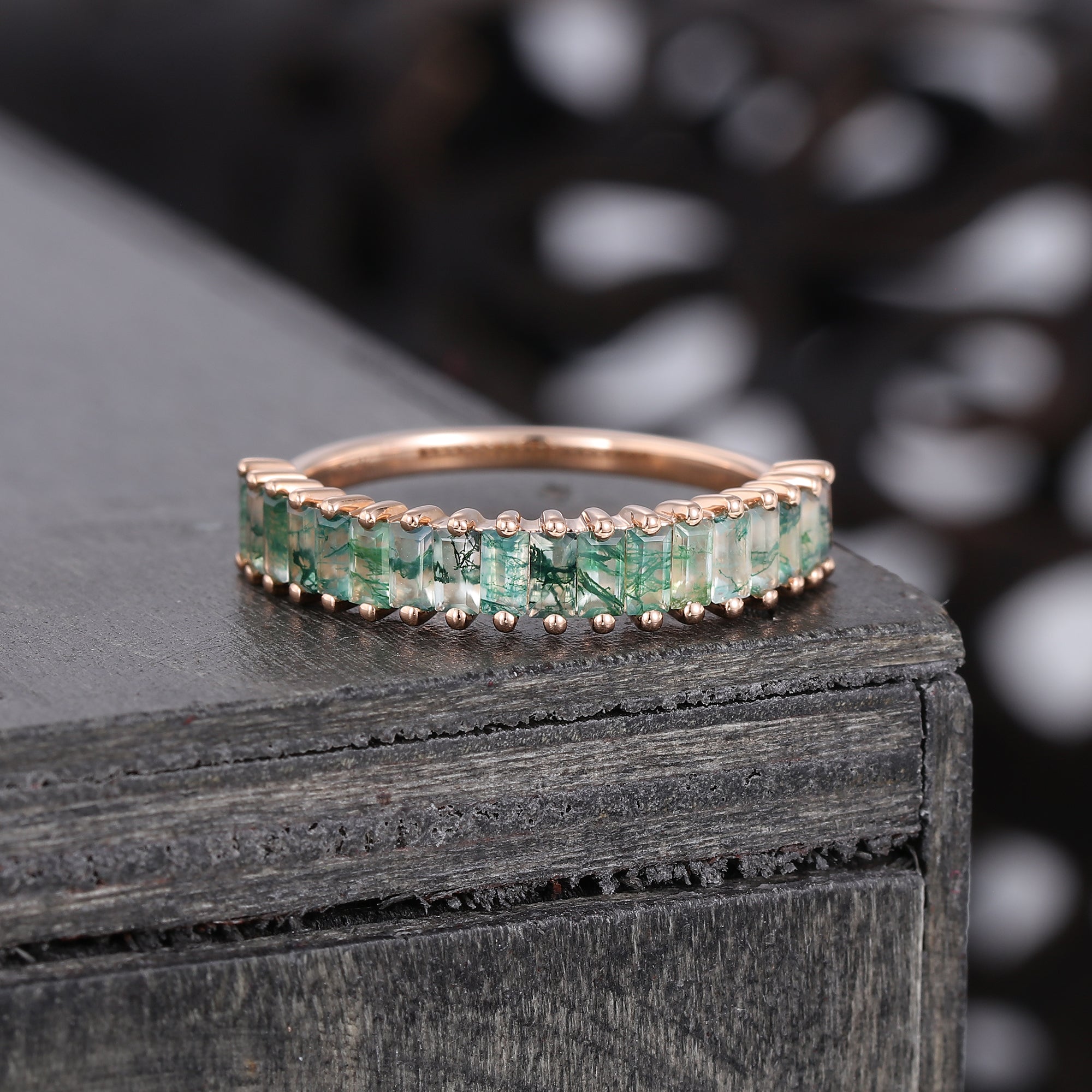 Vintage Baguette cut Moss Agate Wedding band