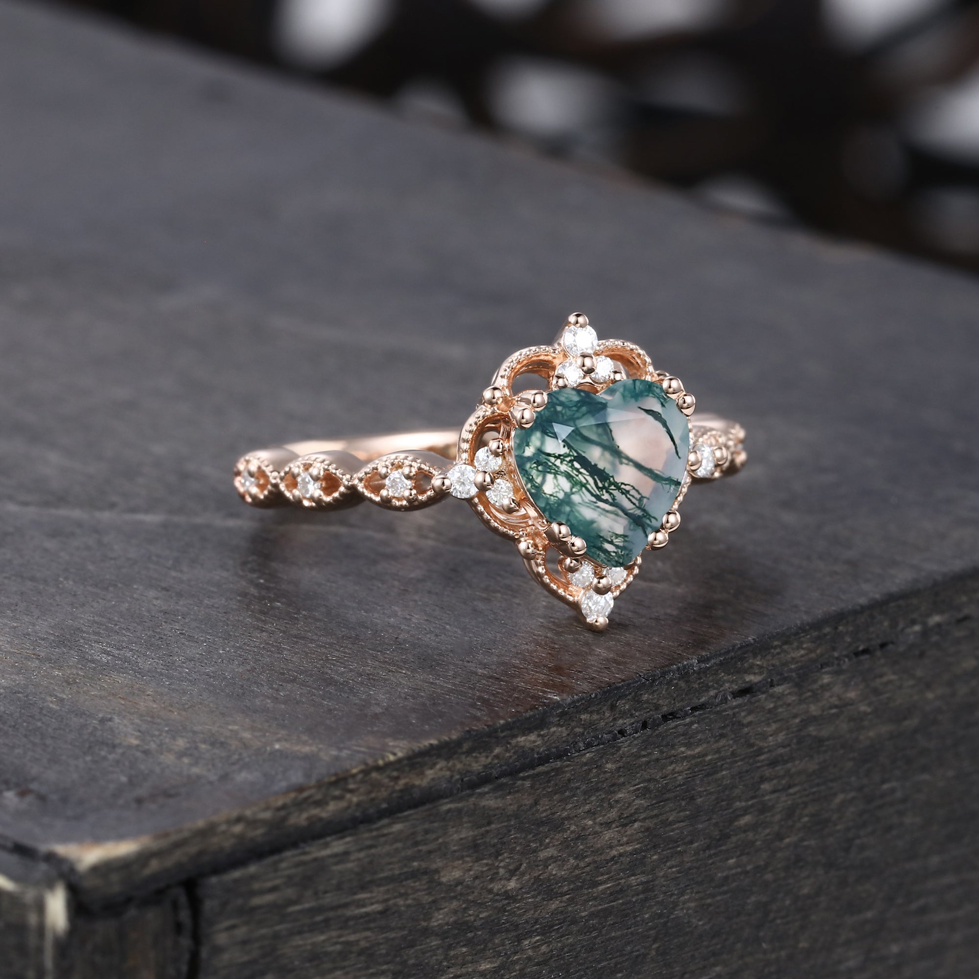 Vintage Heart Shaped Moss Agate Beaded Engagement Ring