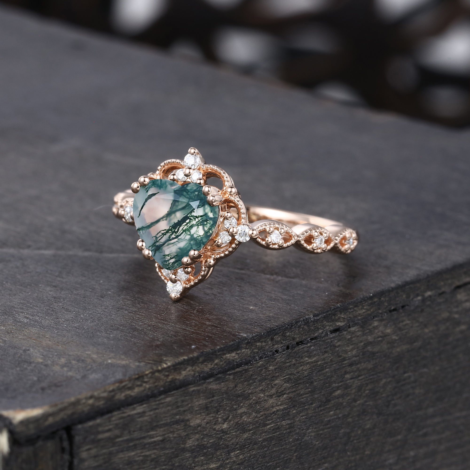 Vintage Heart Shaped Moss Agate Beaded Engagement Ring