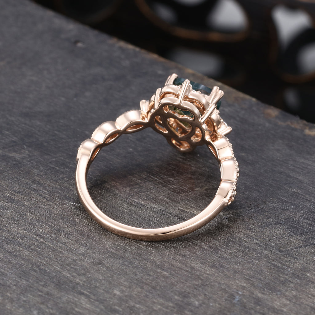 Vintage Heart Shaped Moss Agate Beaded Engagement Ring