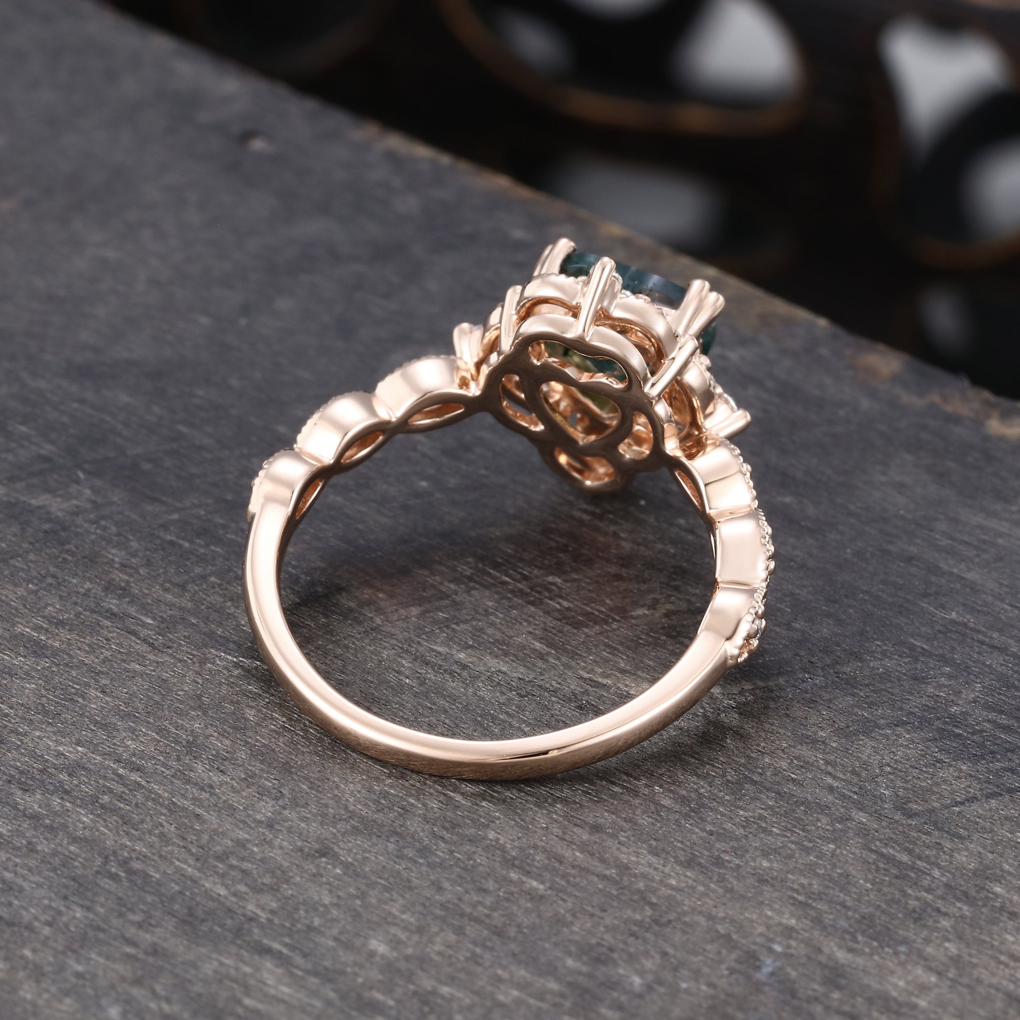 Vintage Heart Shaped Moss Agate Beaded Engagement Ring