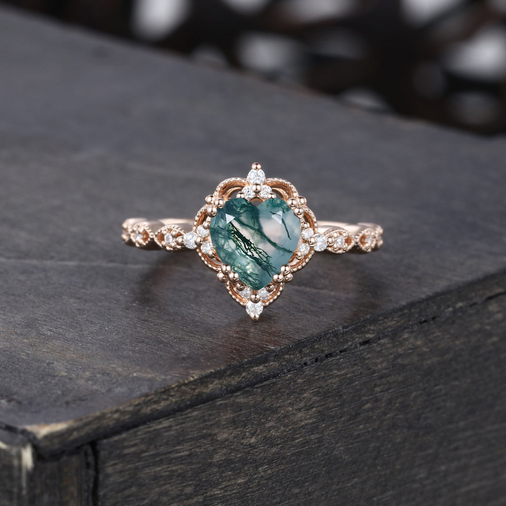 Vintage Heart Shaped Moss Agate Beaded Engagement Ring