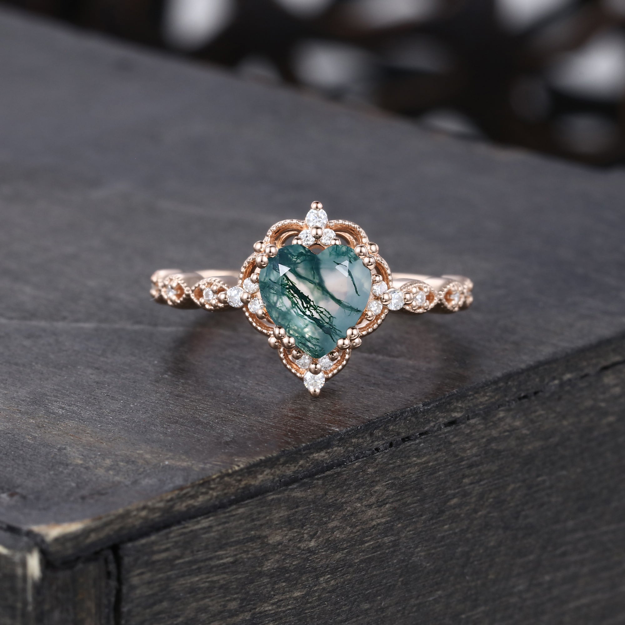 Vintage Heart Shaped Moss Agate Beaded Engagement Ring