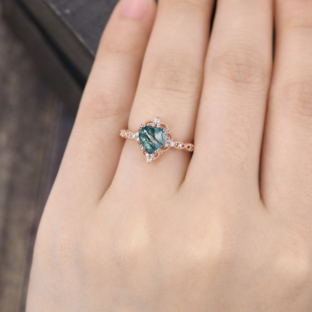 Vintage Heart Shaped Moss Agate Beaded Engagement Ring
