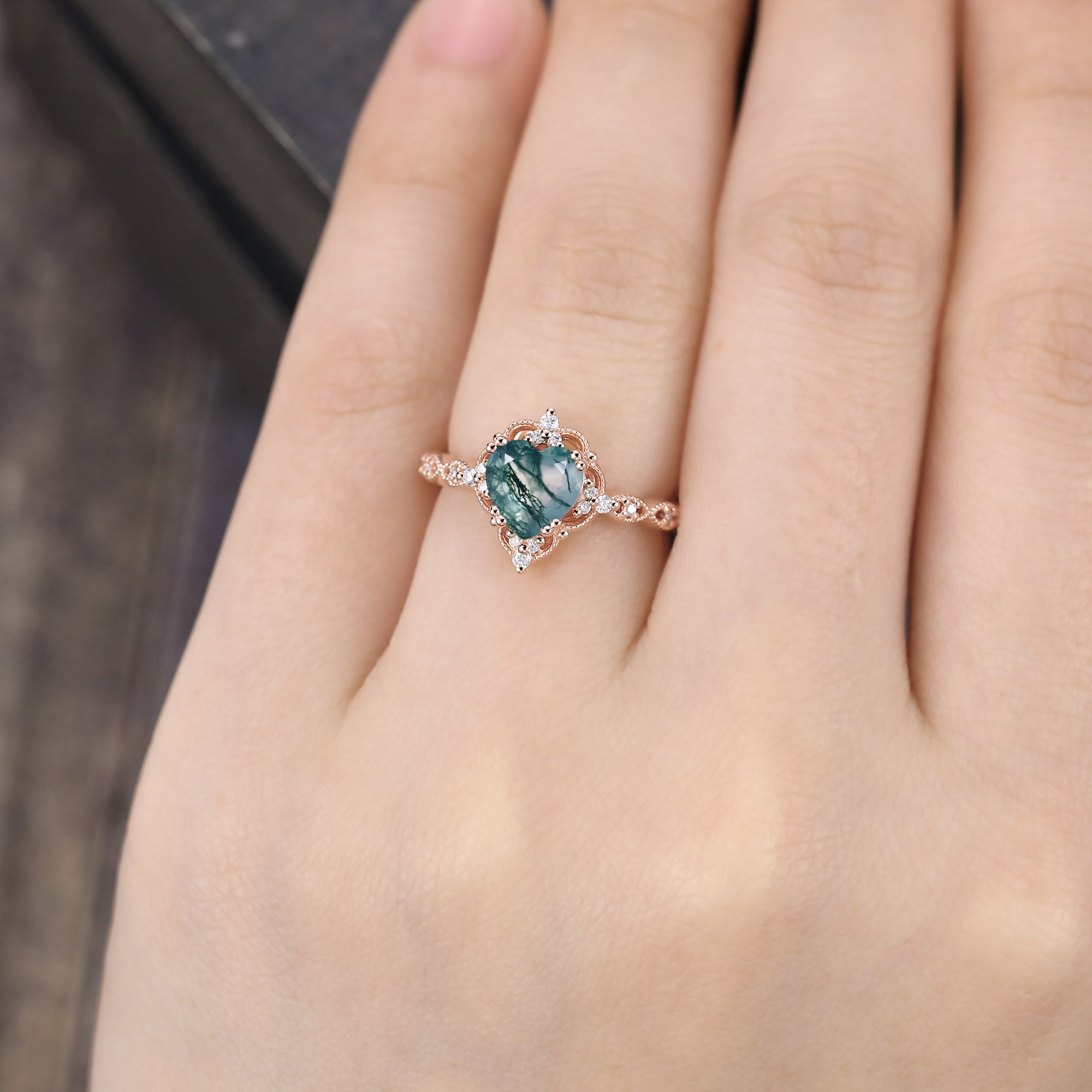 Vintage Heart Shaped Moss Agate Beaded Engagement Ring