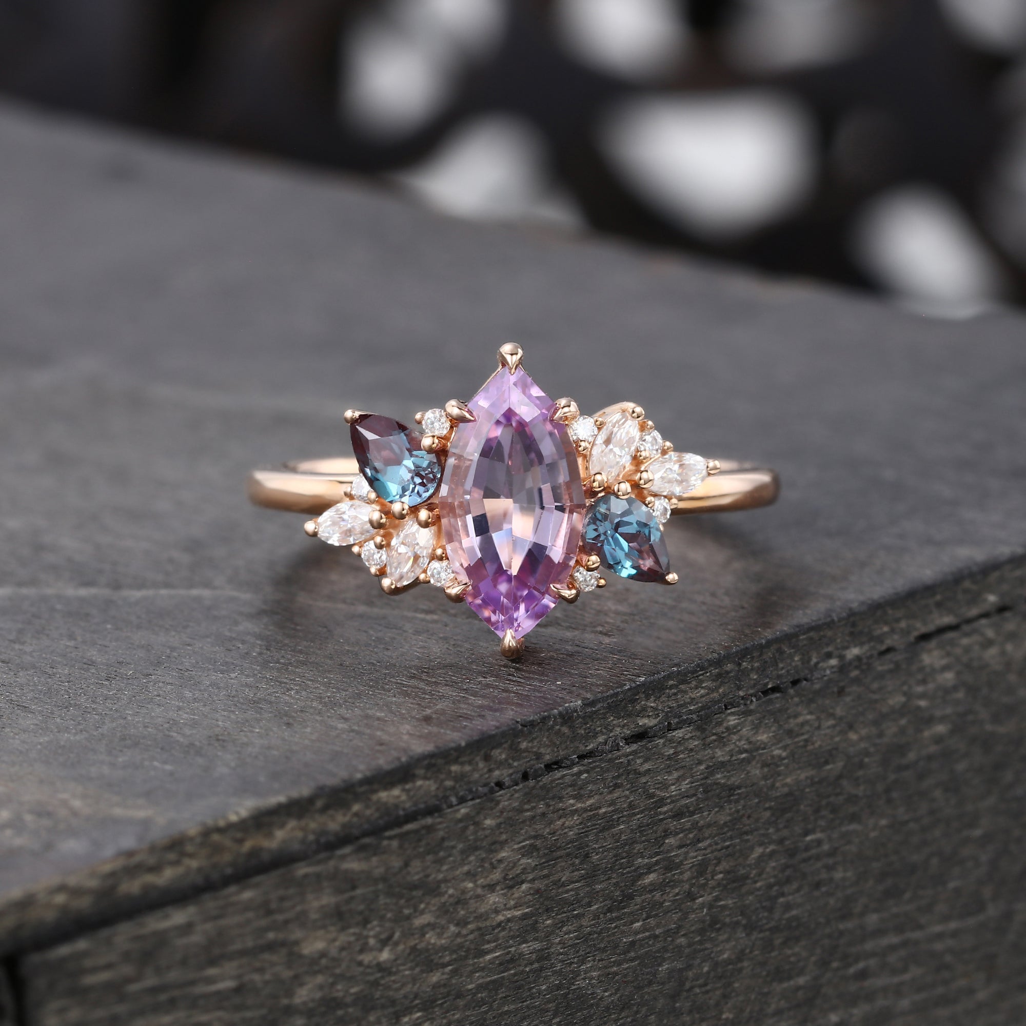 Vintage Marquise Amethyst Engagement Ring With Alexandrite & Moissanite Accents