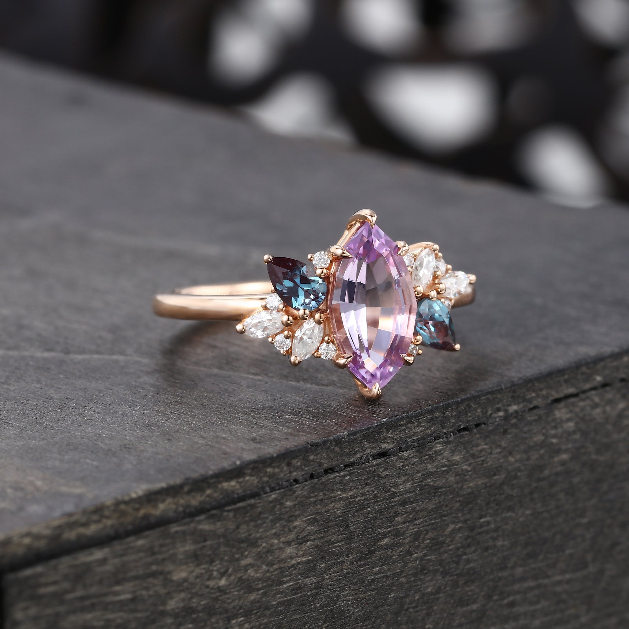 Vintage Marquise Amethyst Engagement Ring With Alexandrite & Moissanite Accents