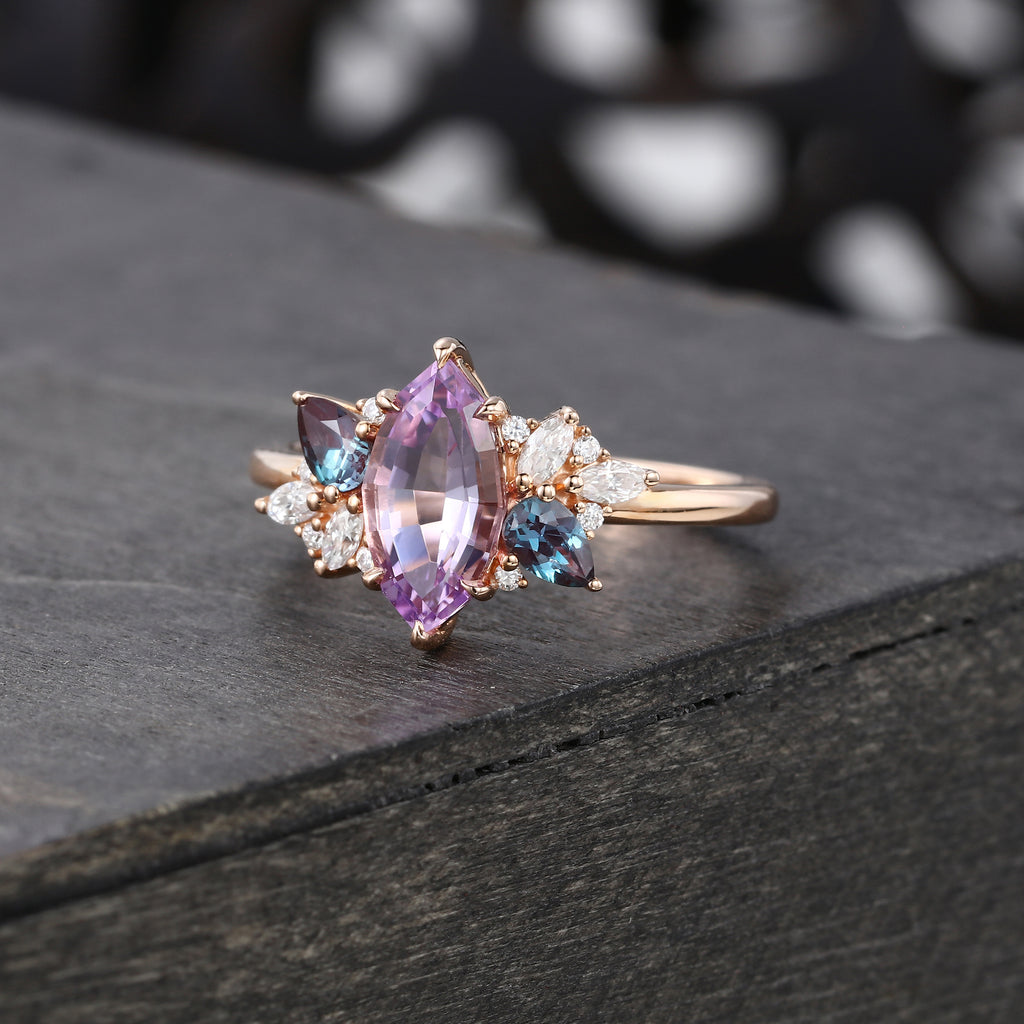 Vintage Marquise Amethyst Engagement Ring With Alexandrite & Moissanite Accents