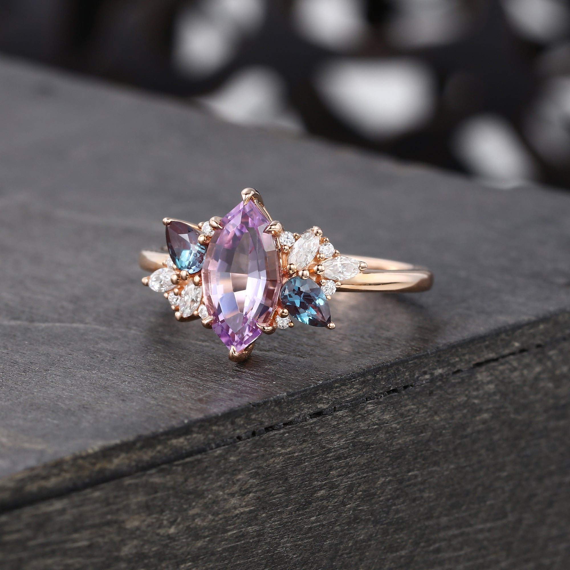 Vintage Marquise Amethyst Engagement Ring With Alexandrite & Moissanite Accents
