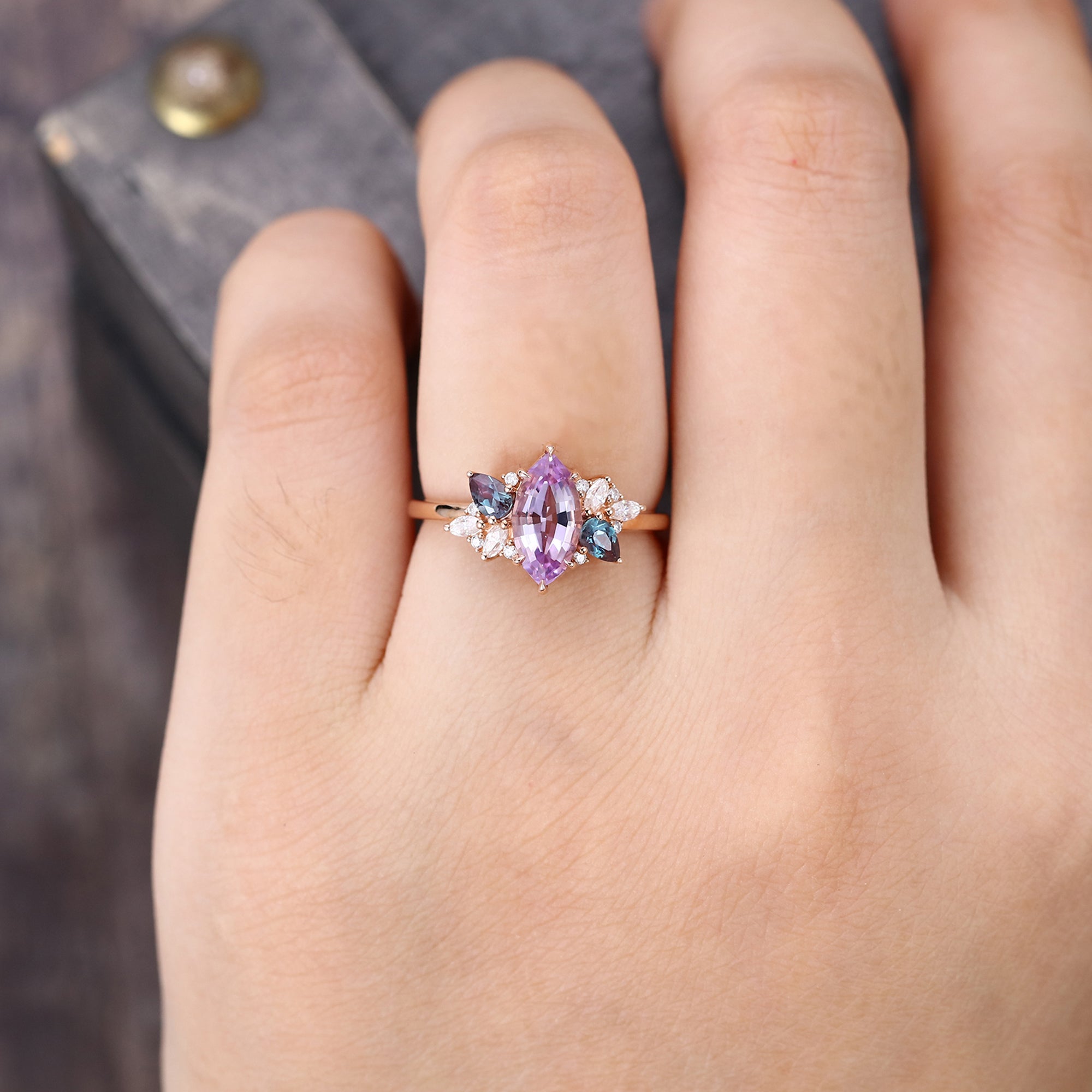 Vintage Marquise Amethyst Engagement Ring With Alexandrite & Moissanite Accents