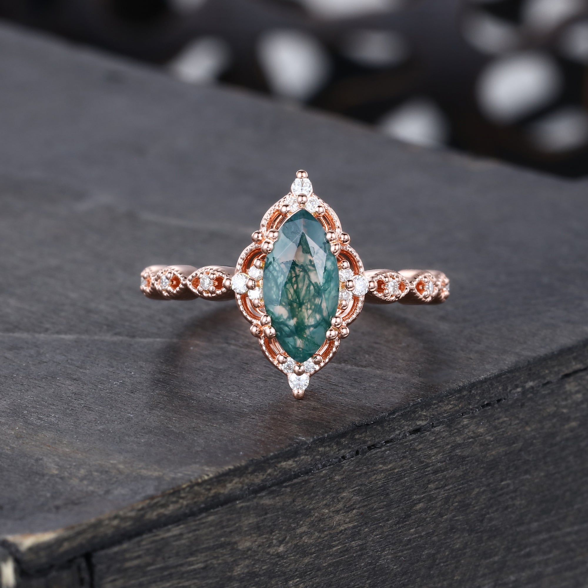 Vintage Marquise Cut Moss Agate Engagement Ring