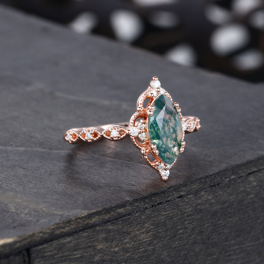 Vintage Marquise Cut Moss Agate Engagement Ring