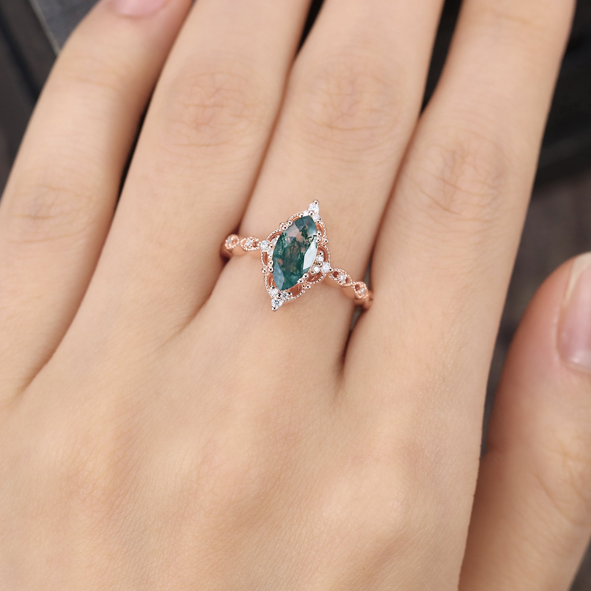 Vintage Marquise Cut Moss Agate Engagement Ring