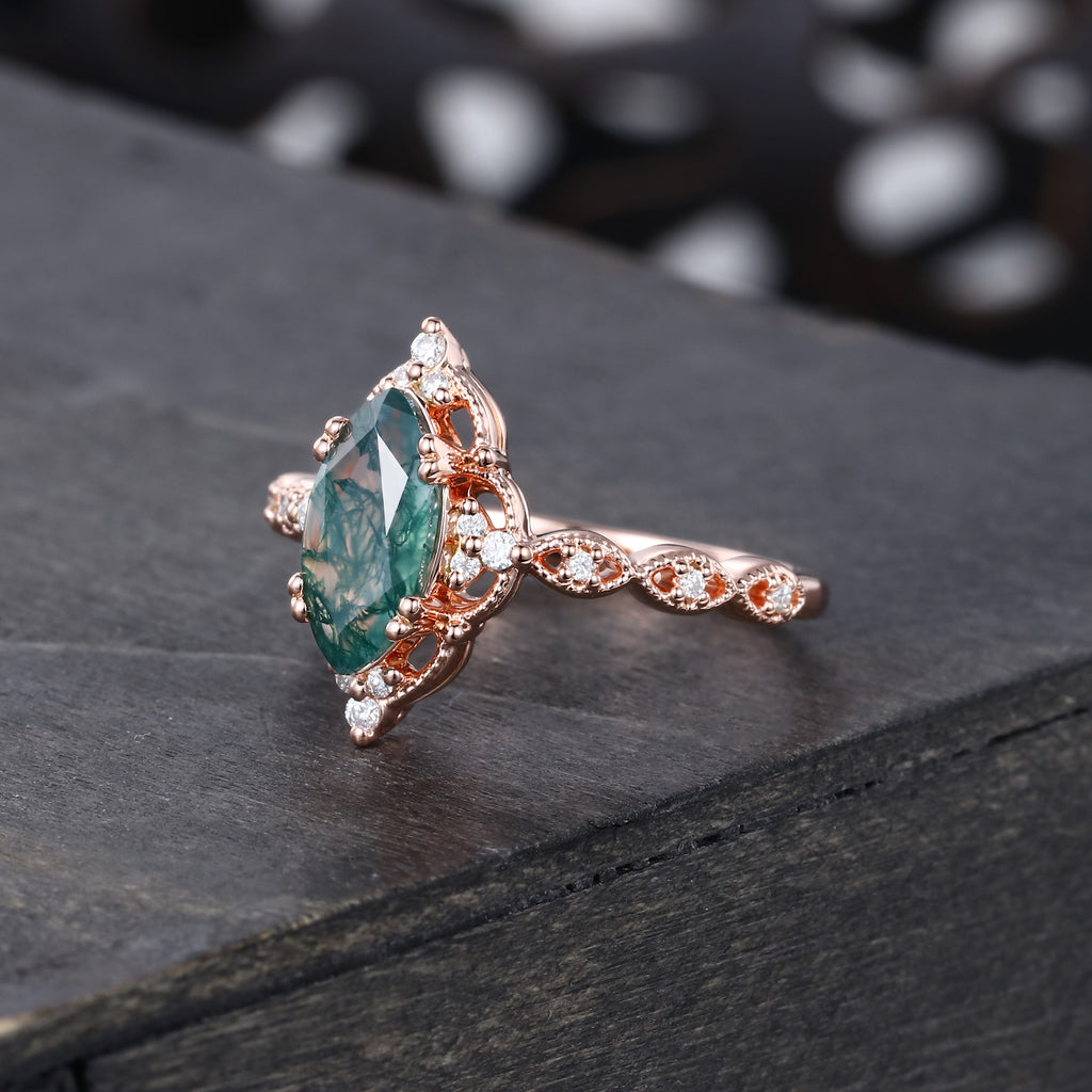 Vintage Marquise Cut Moss Agate Engagement Ring