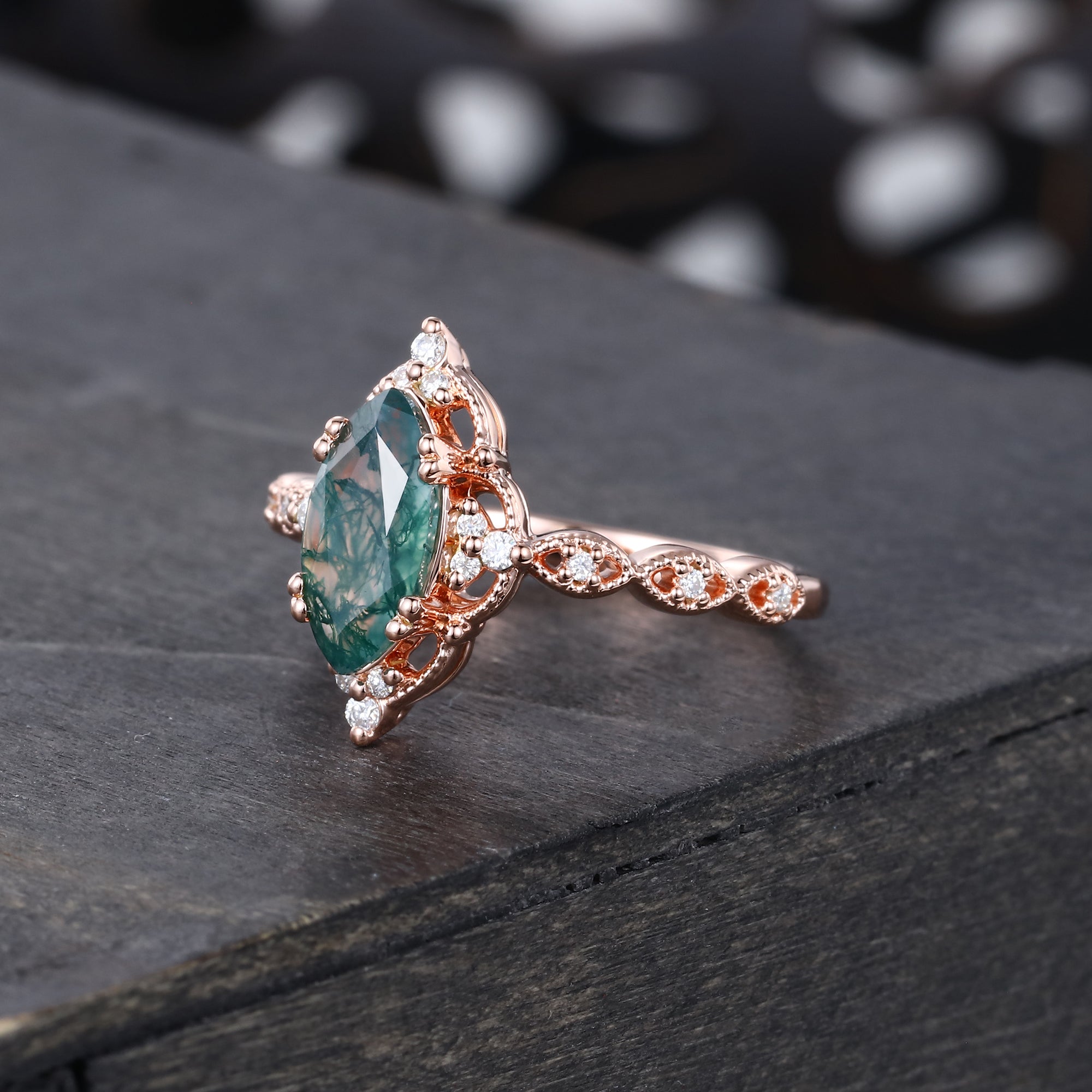 Vintage Marquise Cut Moss Agate Engagement Ring