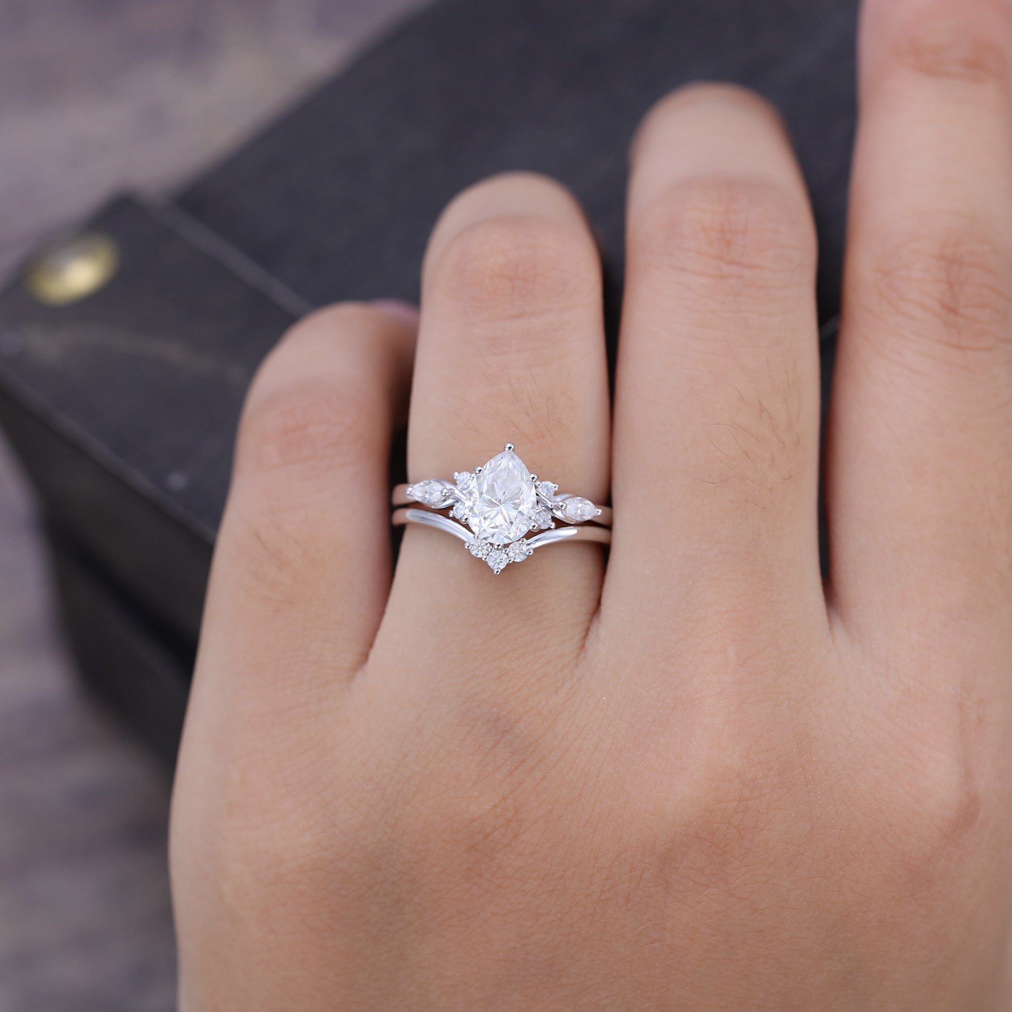 White Gold Pear Shaped Moissanite Art Deco Engagement Ring Set