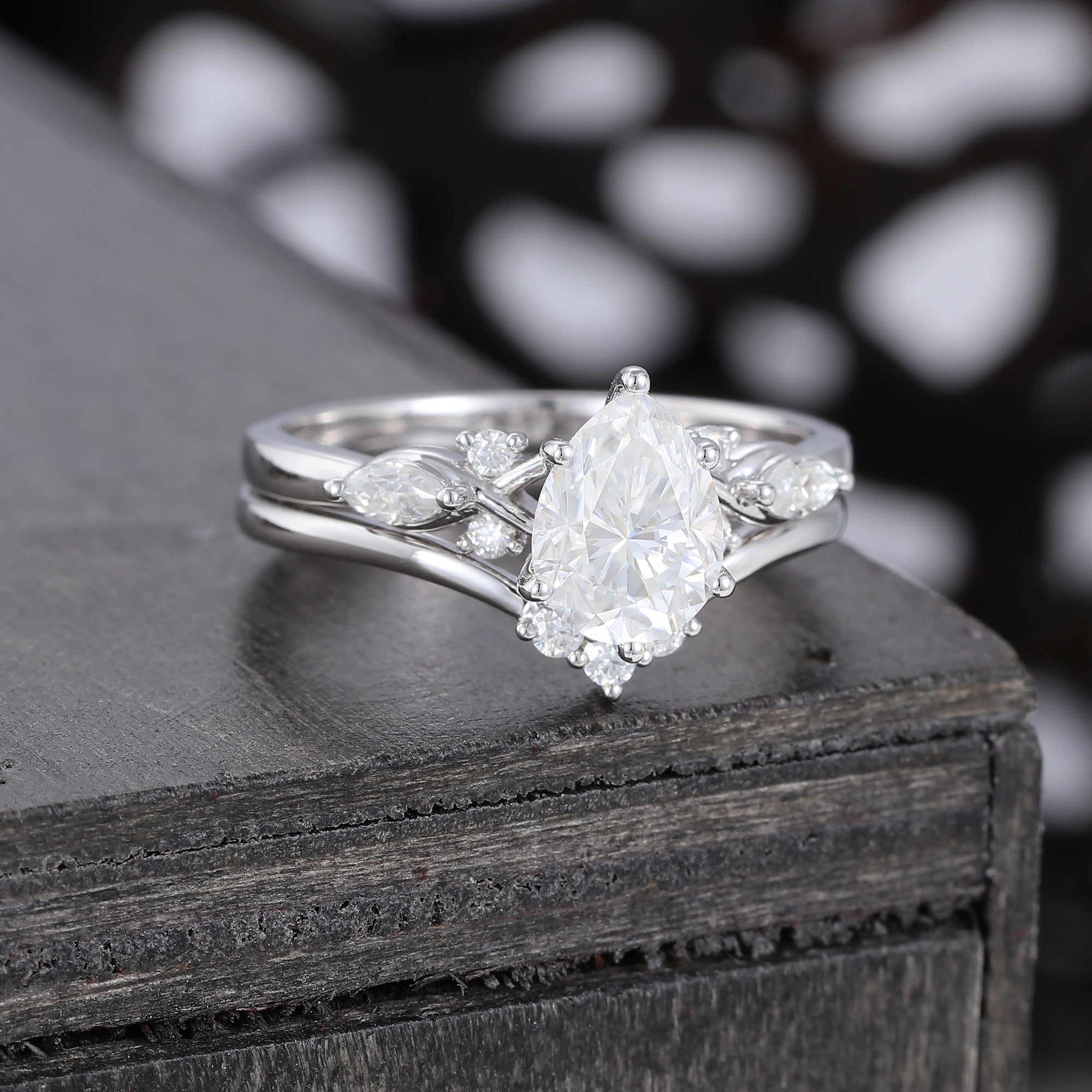 White Gold Pear Shaped Moissanite Art Deco Engagement Ring Set