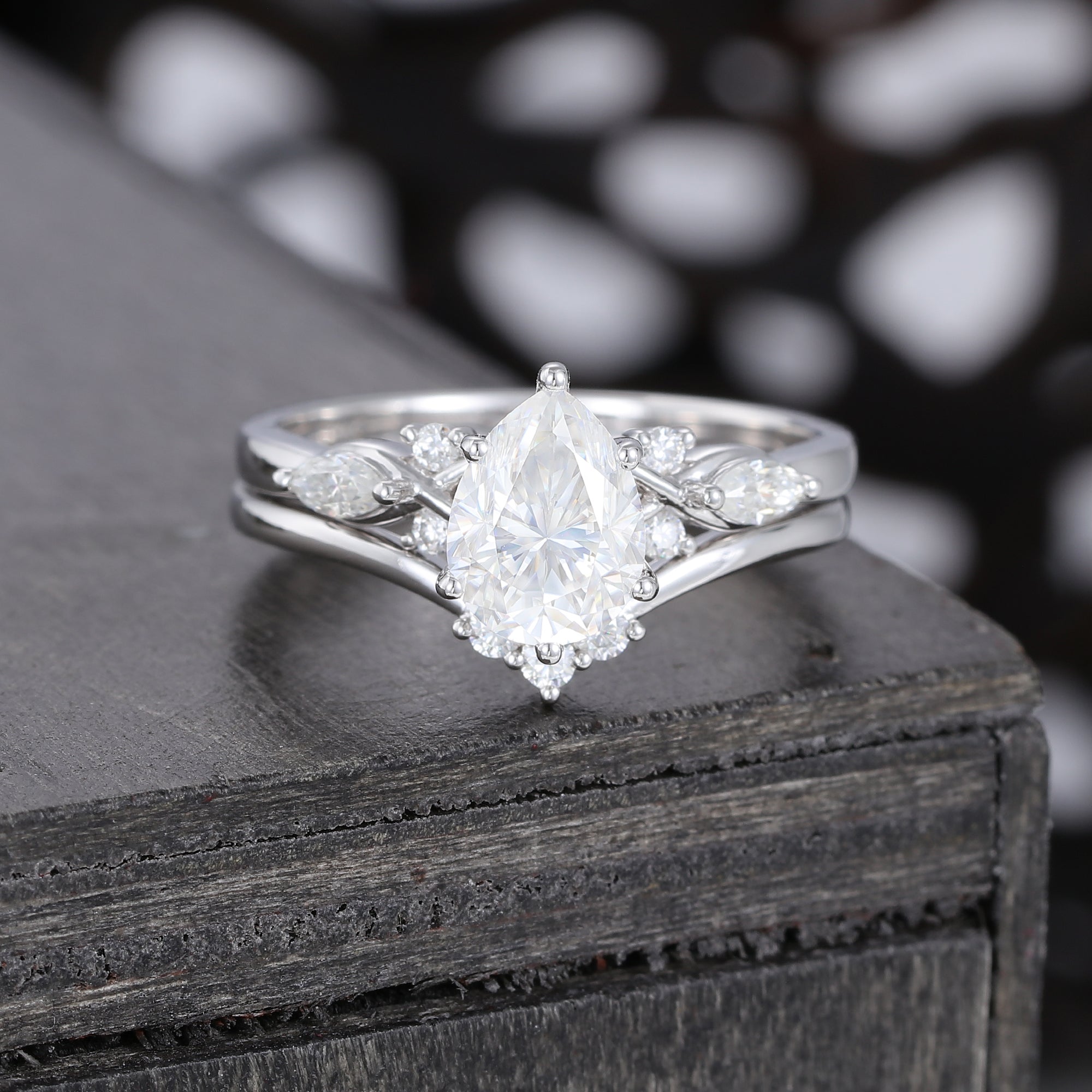 White Gold Pear Shaped Moissanite Art Deco Engagement Ring Set