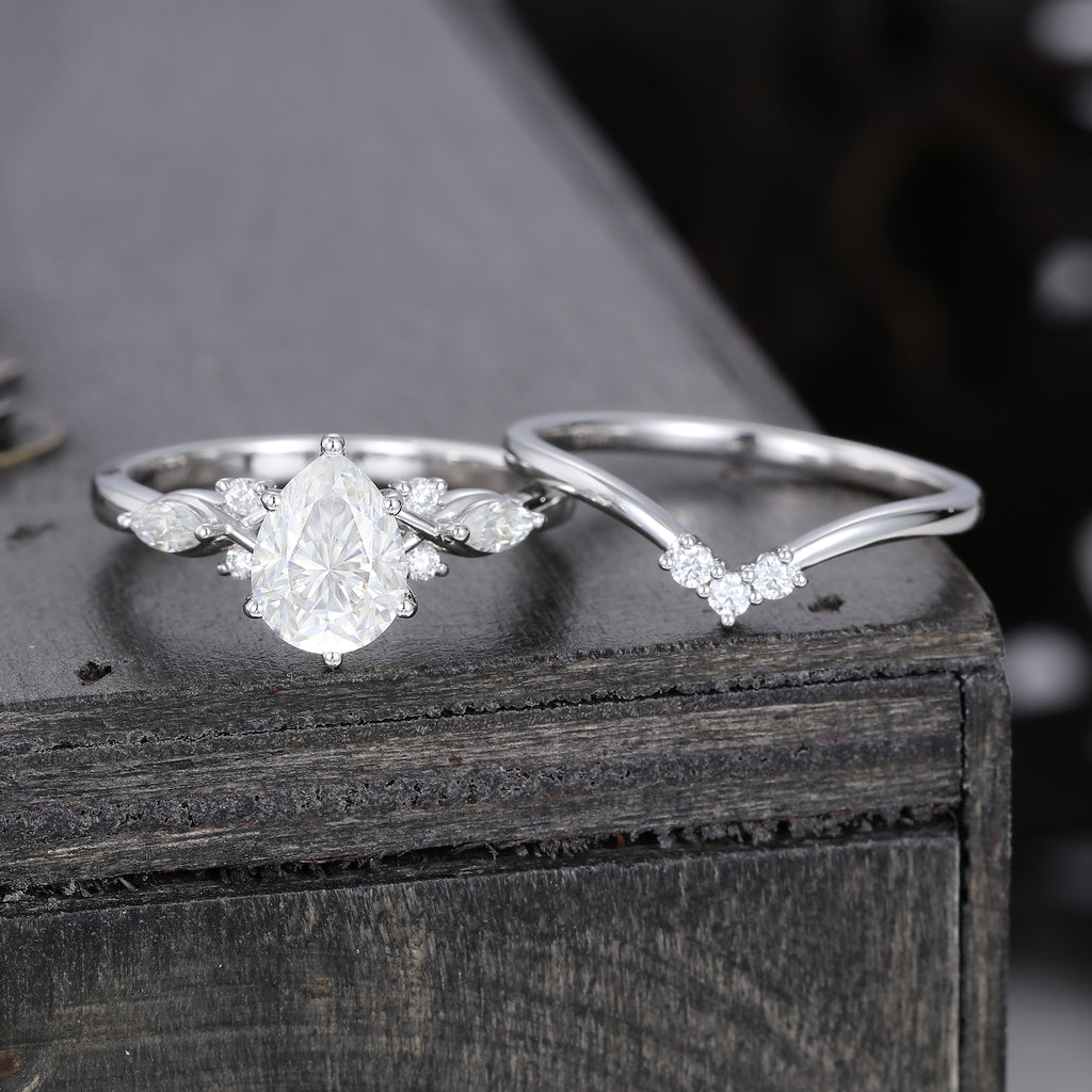 White Gold Pear Shaped Moissanite Art Deco Engagement Ring Set