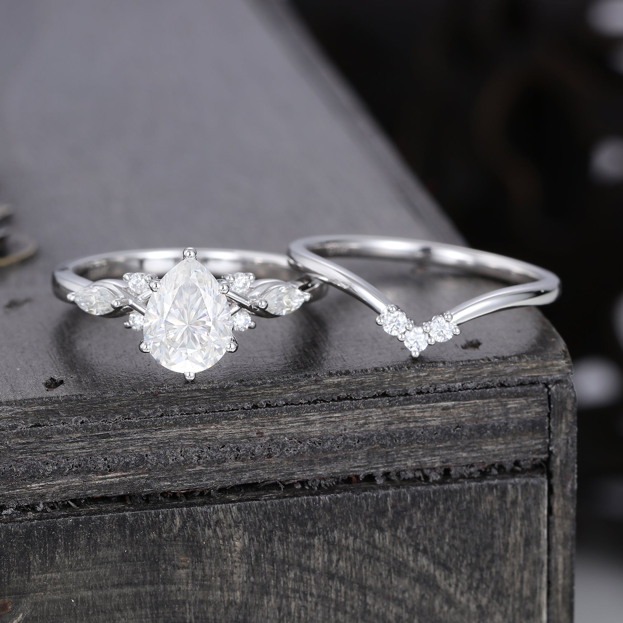 White Gold Pear Shaped Moissanite Art Deco Engagement Ring Set