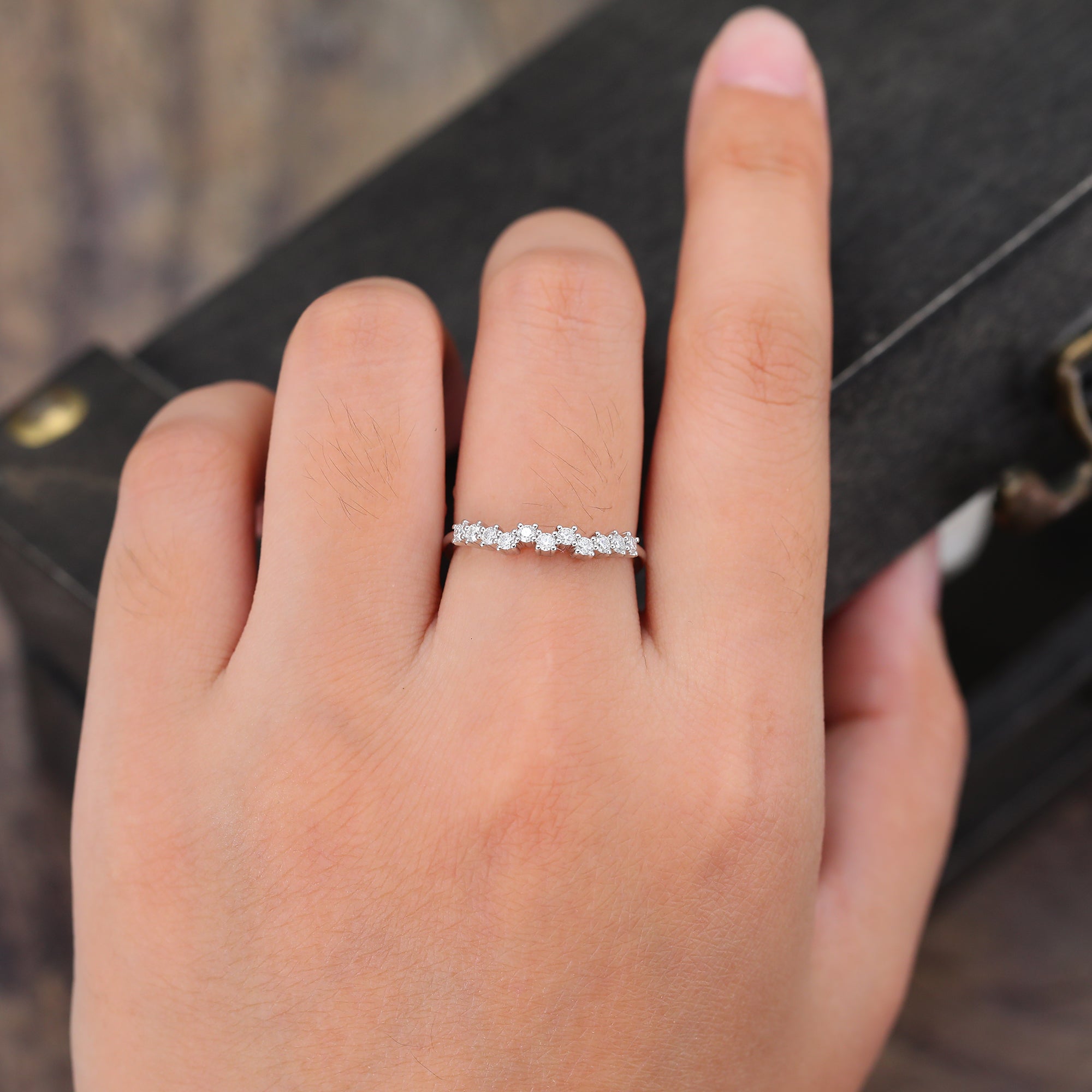 White Gold Unique Moissanite Curved Wedding band